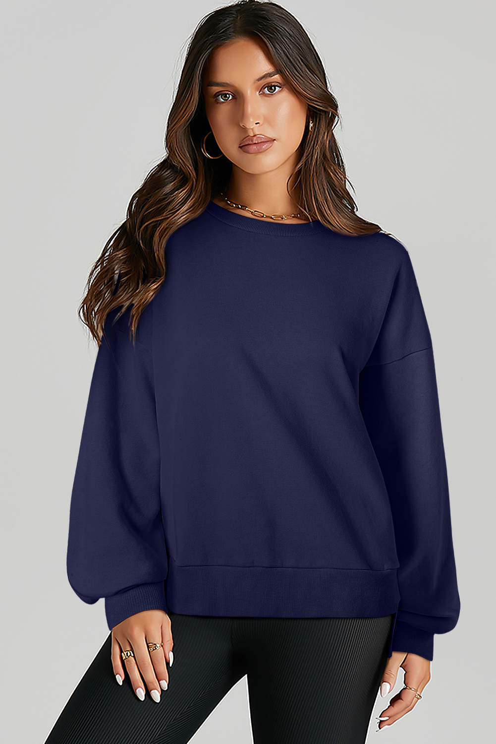 Navy Blue Solid O Neck High Low Hem Pullover Sweatshirt - loveforevers