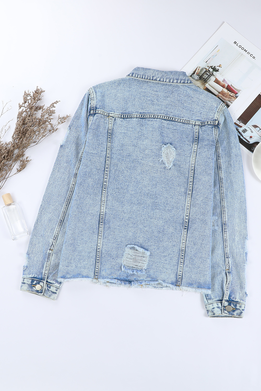 Sky Blue Lapel Distressed Raw Hem Buttons Denim Jacket - loveforevers