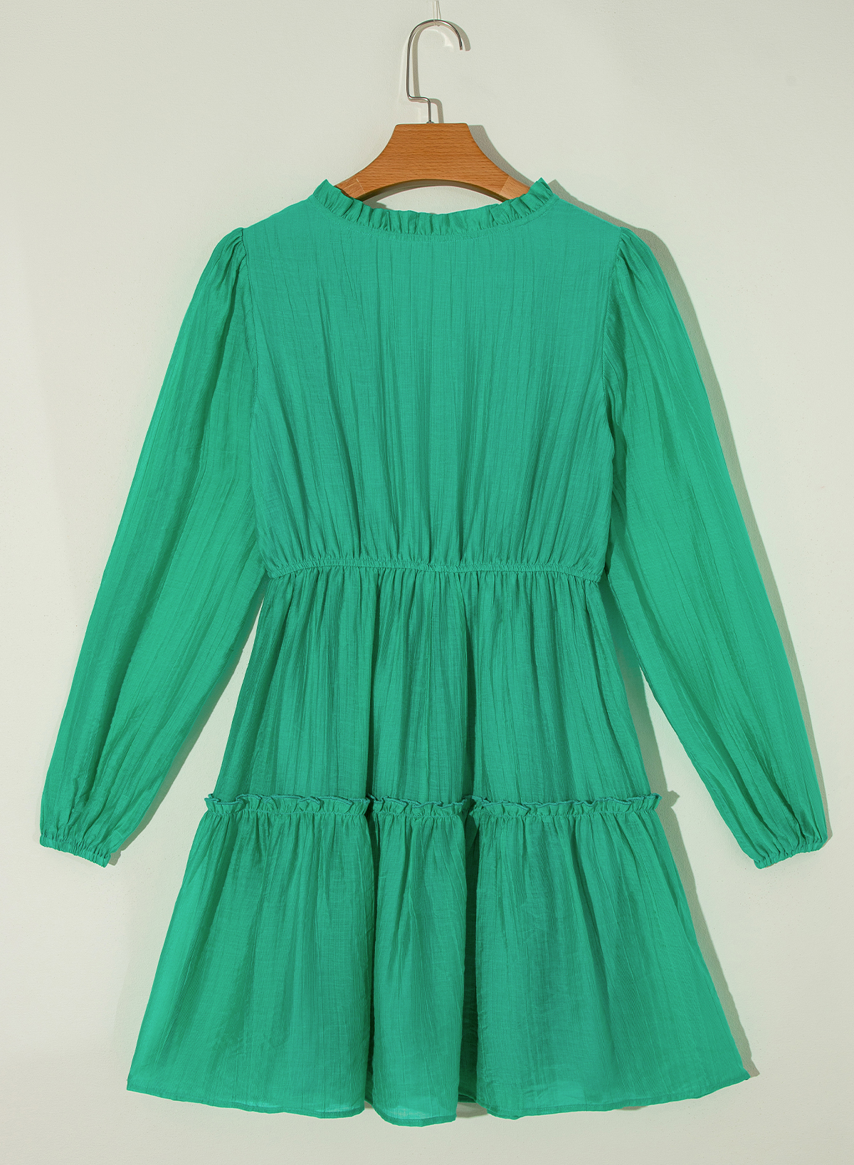 Sea Green Frilly V Neck Puff Sleeve Drawstring Shift Mini Dress - loveforevers