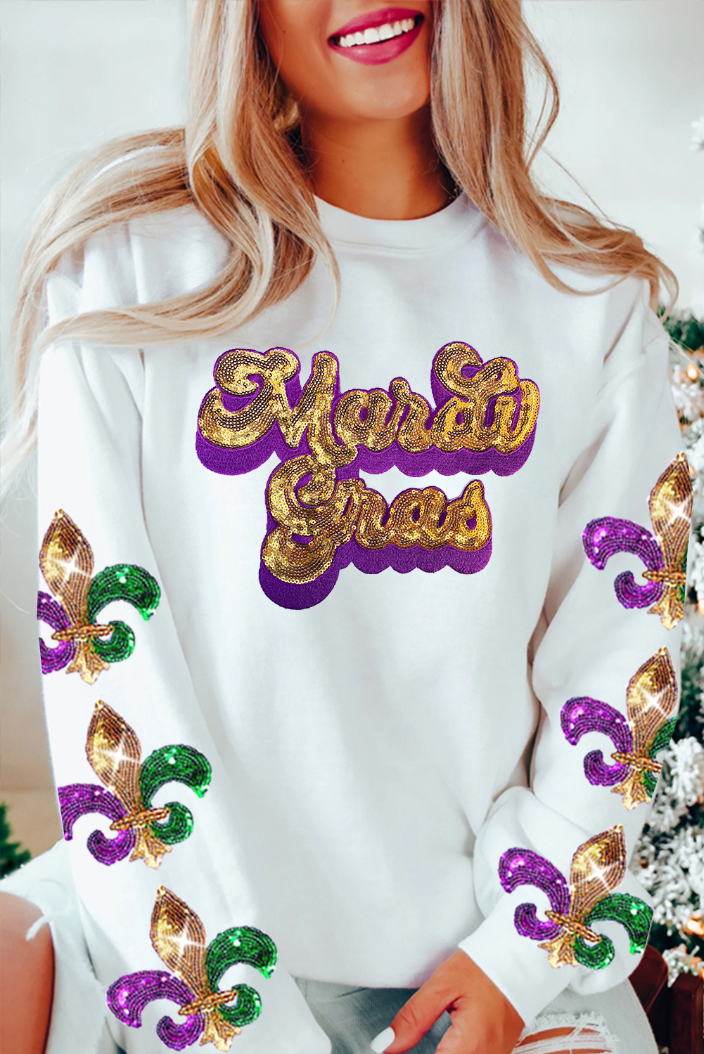 Beige Sequin Mardi Gras Patched Pattern Fleur de Lis Sleeve Sweatshirt - loveforevers