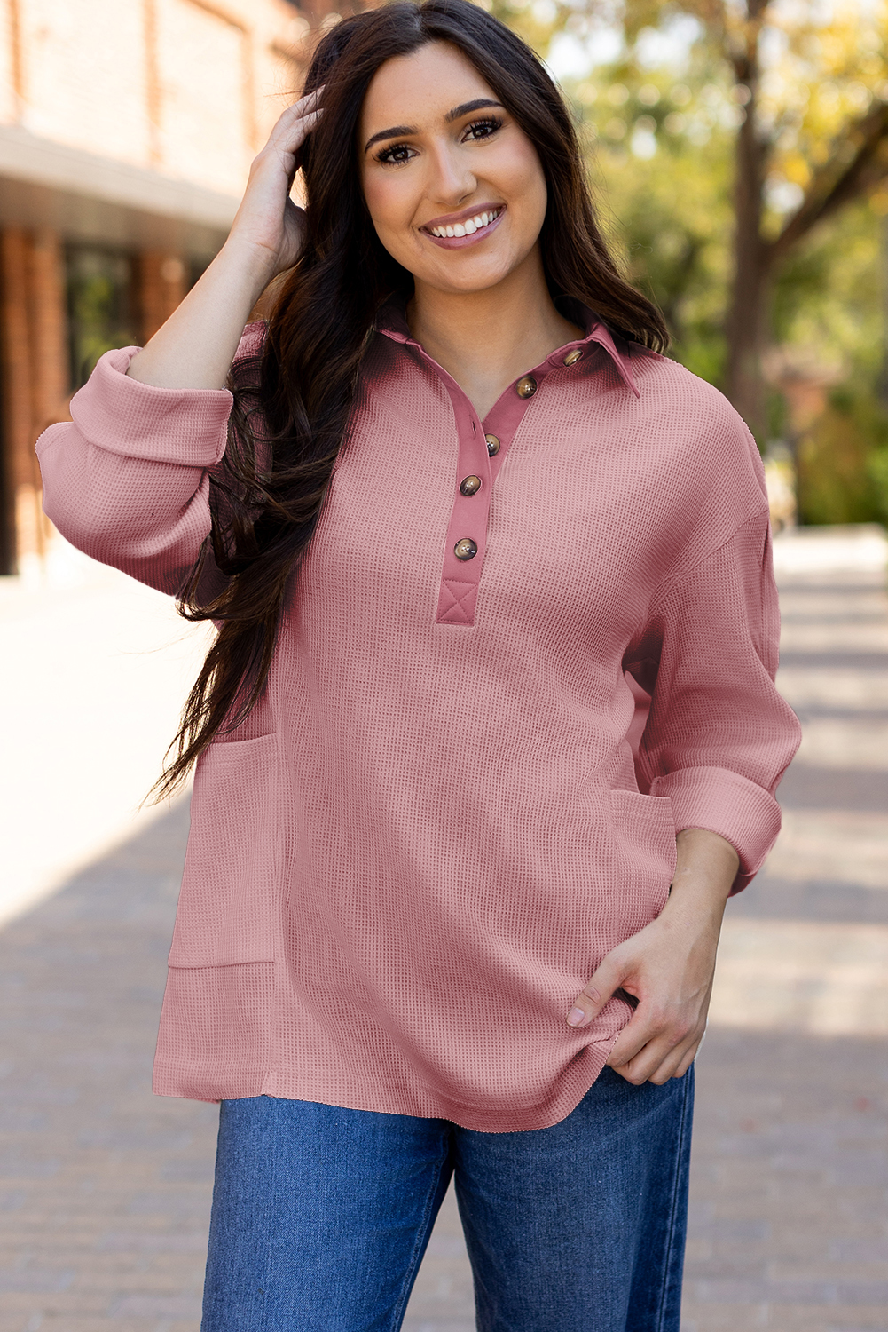 Pink Waffle Long Sleeve Collar Half Button Loose Top - loveforevers