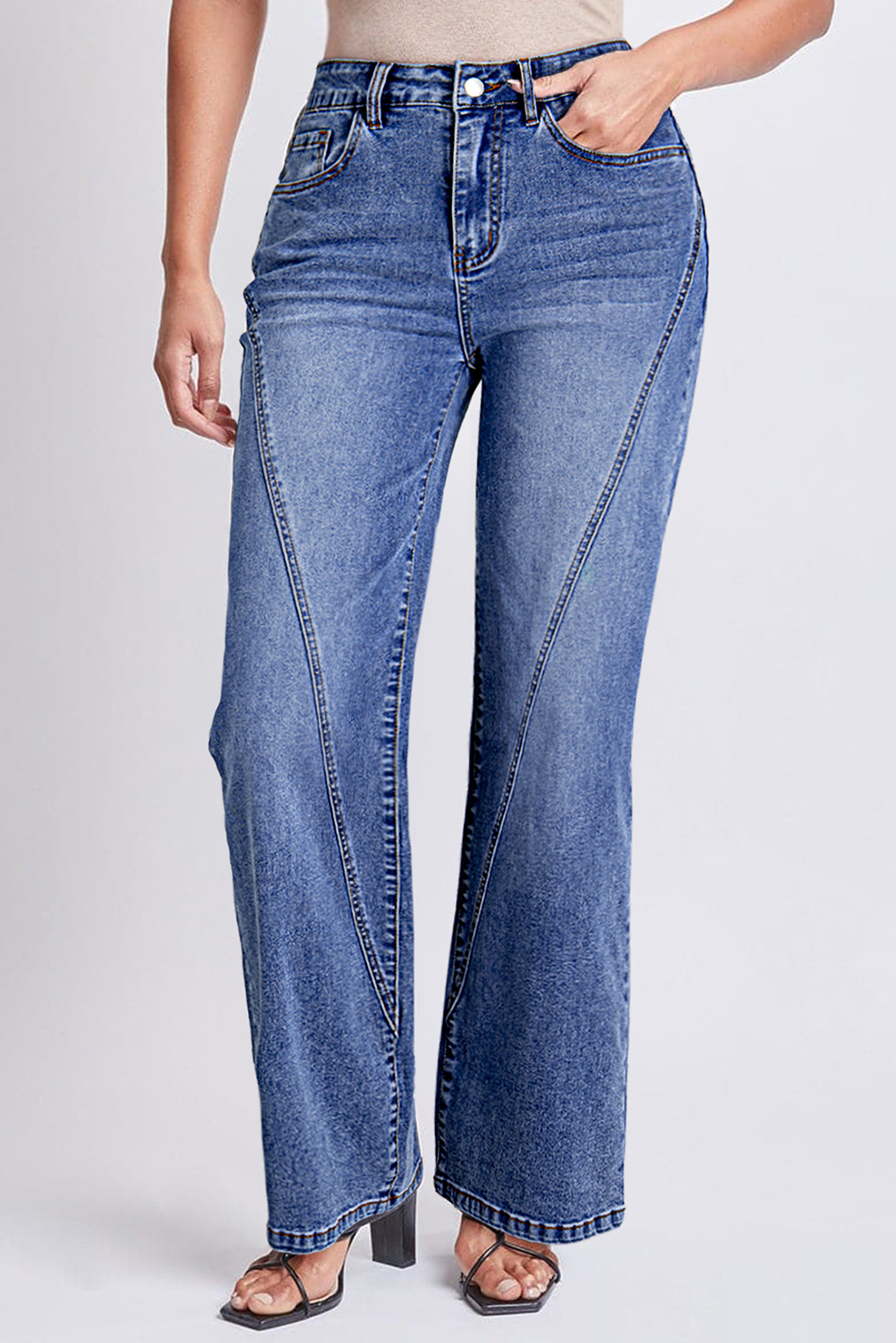 Dark Blue Trendy Seam Detail Straight Leg Jeans - loveforevers