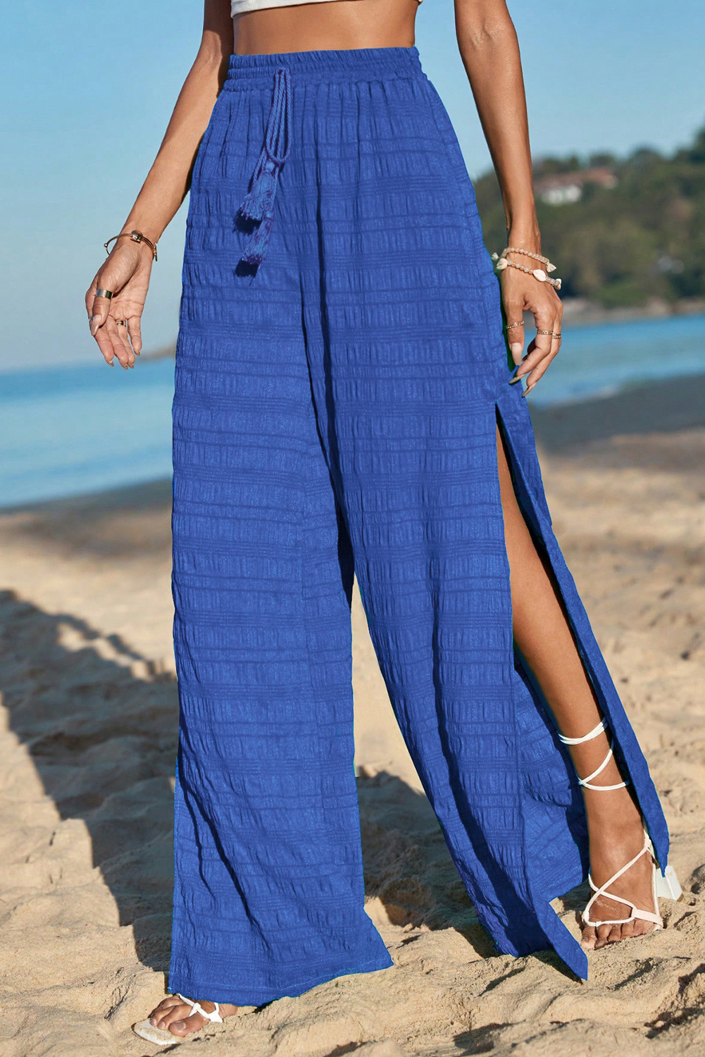 Dark Blue Textured Split Wide Leg Solid Pants - loveforevers