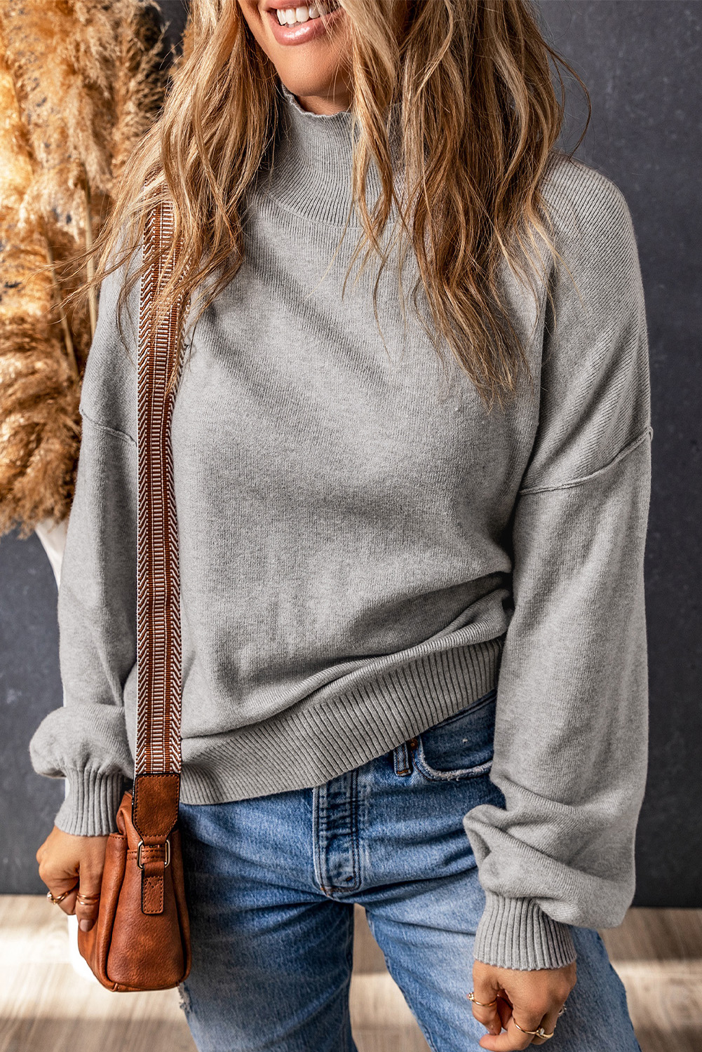 Gray Turtleneck Drop Shoulder Bubble Sleeve Knit Sweater - loveforevers