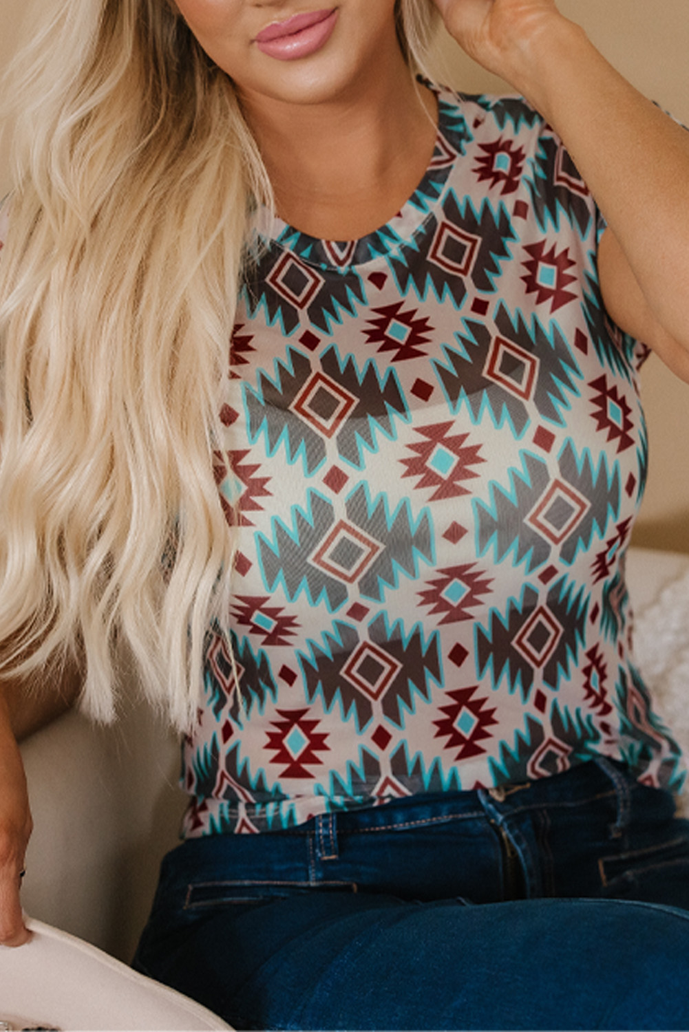 Blue Western Aztec Print Mesh Slim T Shirt - loveforevers