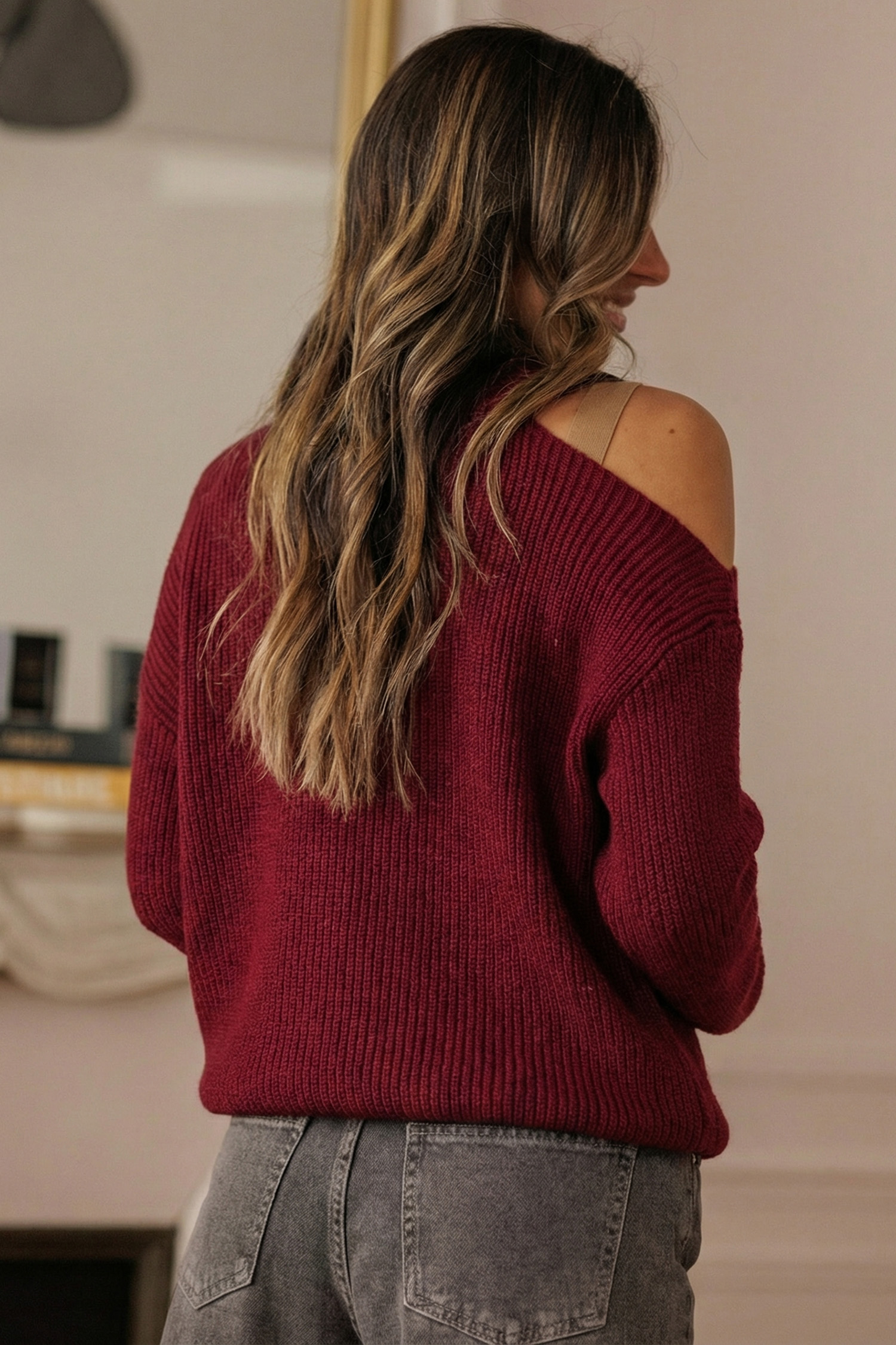 Burgundy Lace Bowknot Asymmetric Neck Sweater - loveforevers