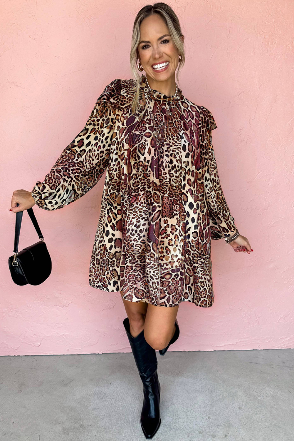 Brown Leopard Ruffled Detail Long Sleeve Loose Mini Dress - loveforevers