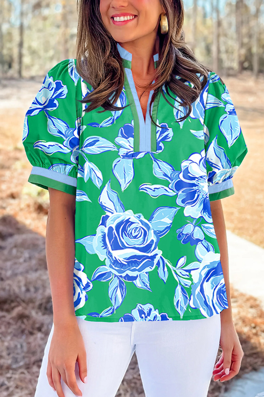 Bright Green Rose Floral Print Puff Short Sleeve Summer Blouse - loveforevers