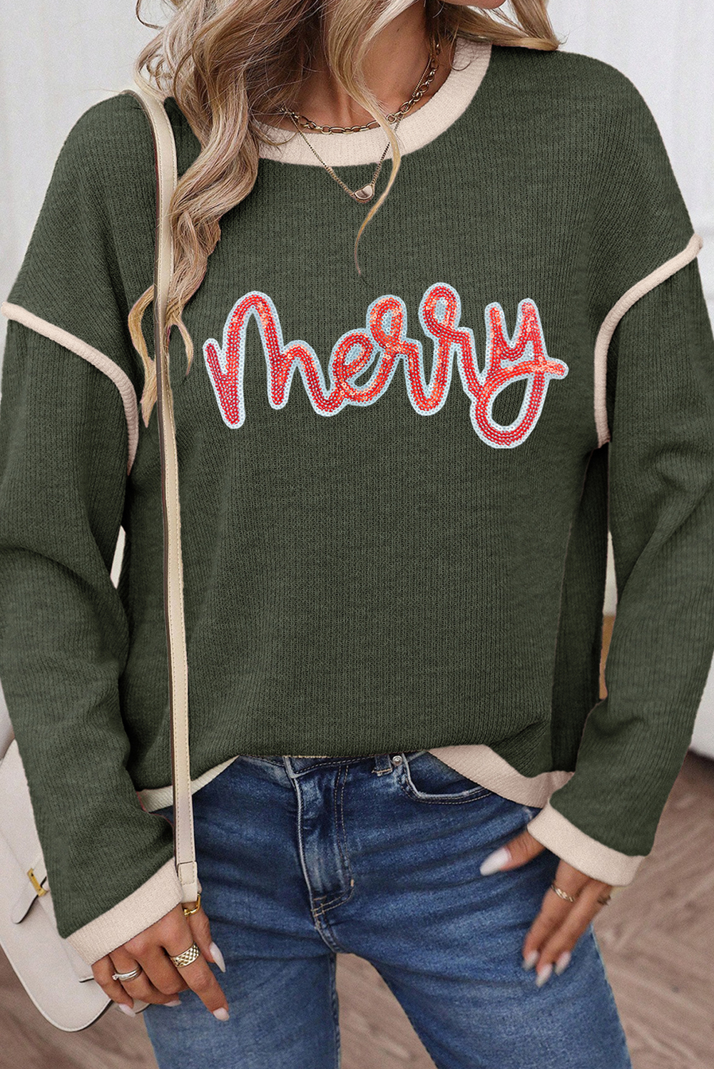 Four Leaf Clover Merry Patched Graphic Contrast Trim Christmas Knitted Long Sleeve Top - loveforevers