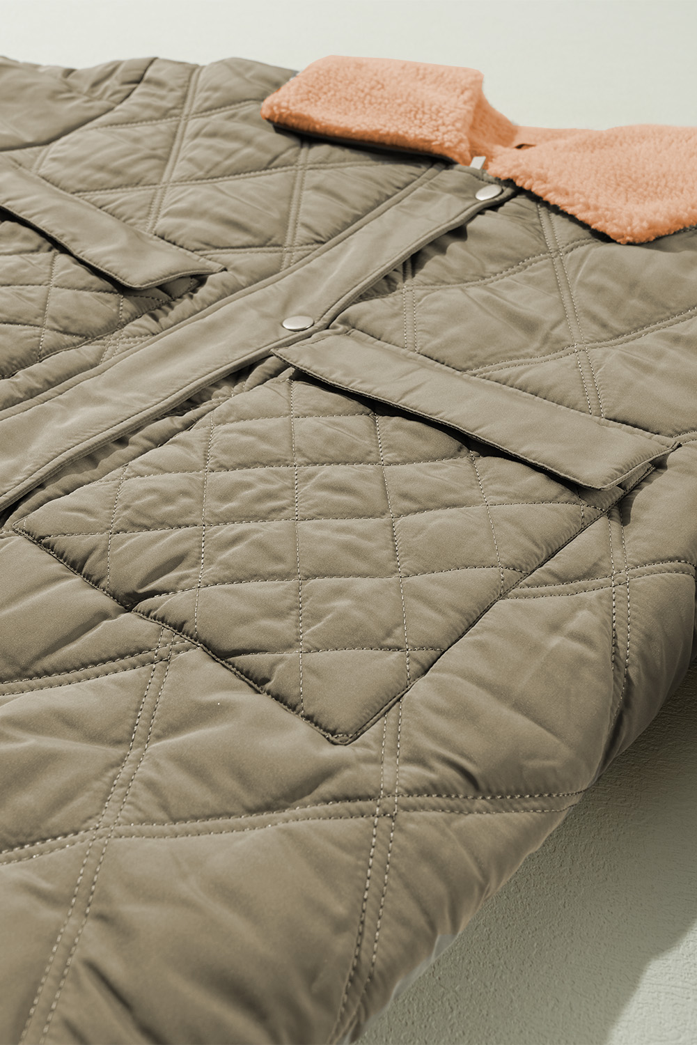 Jungle Green Teddy Collar Flap Pockets Quilted Puffer Jacket - loveforevers
