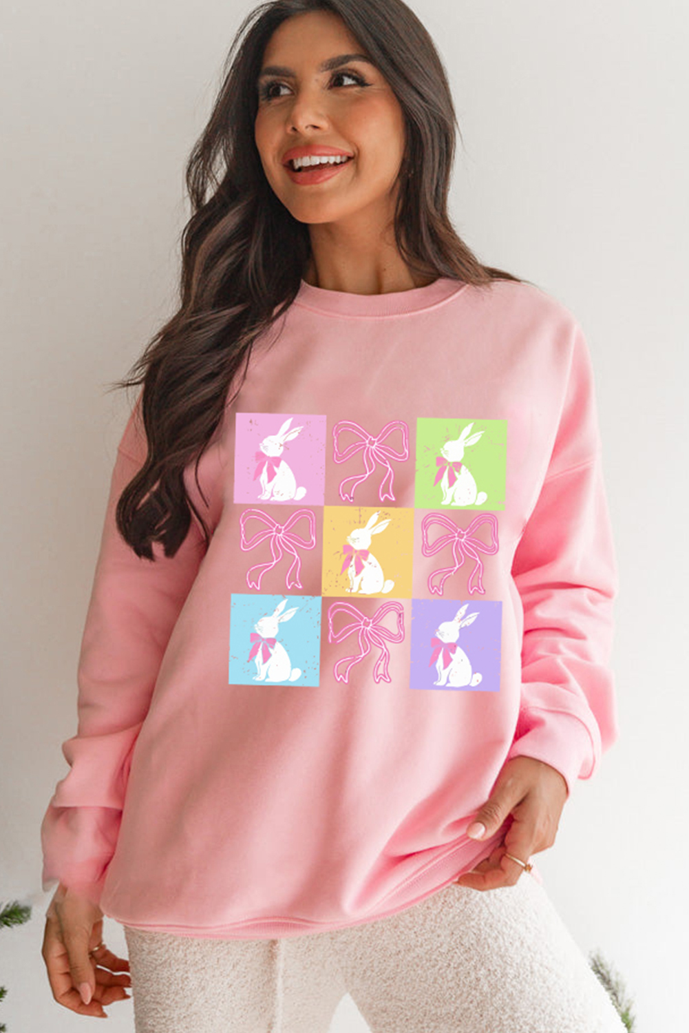 Pink Easter Bunny Bow Checkered Print Drop Shoulder Sweatshirt - loveforevers