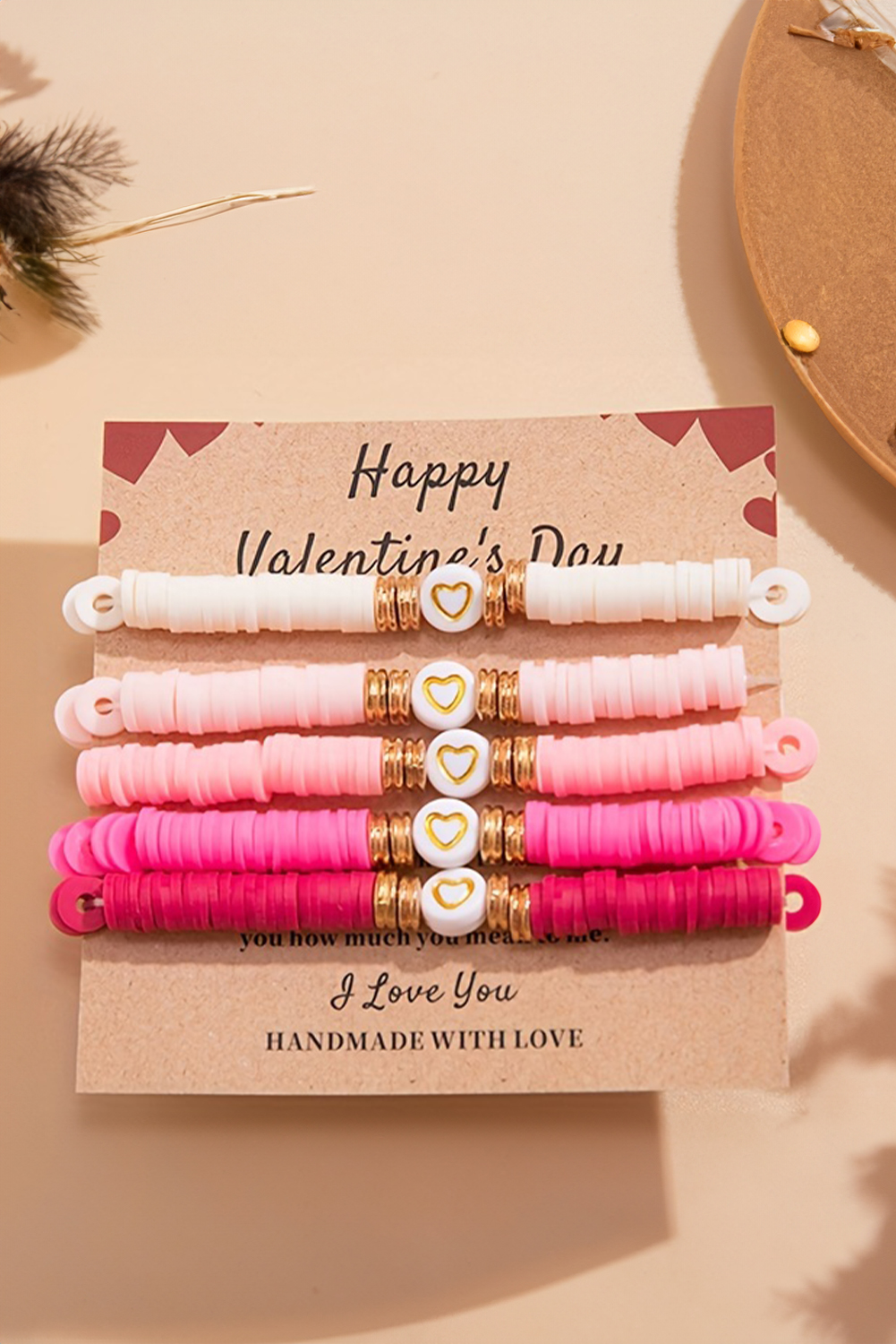 Peach Blossom 5Pcs Valentine Heart Beaded Bracelet - loveforevers