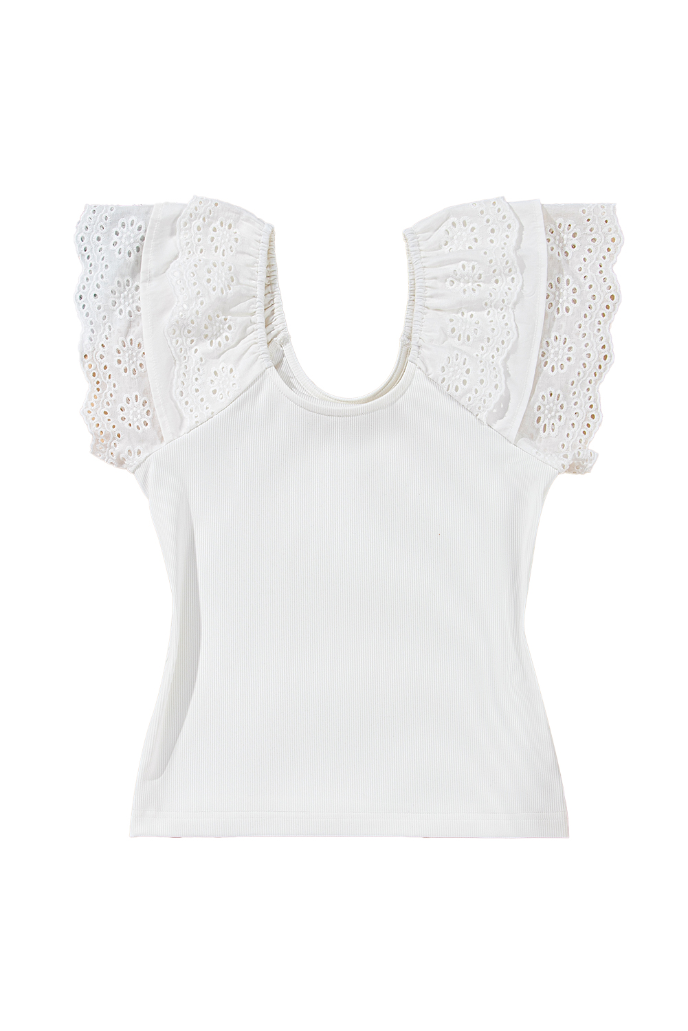 White Eyelet Ruffle Sleeve Slim Fitted Top - loveforevers