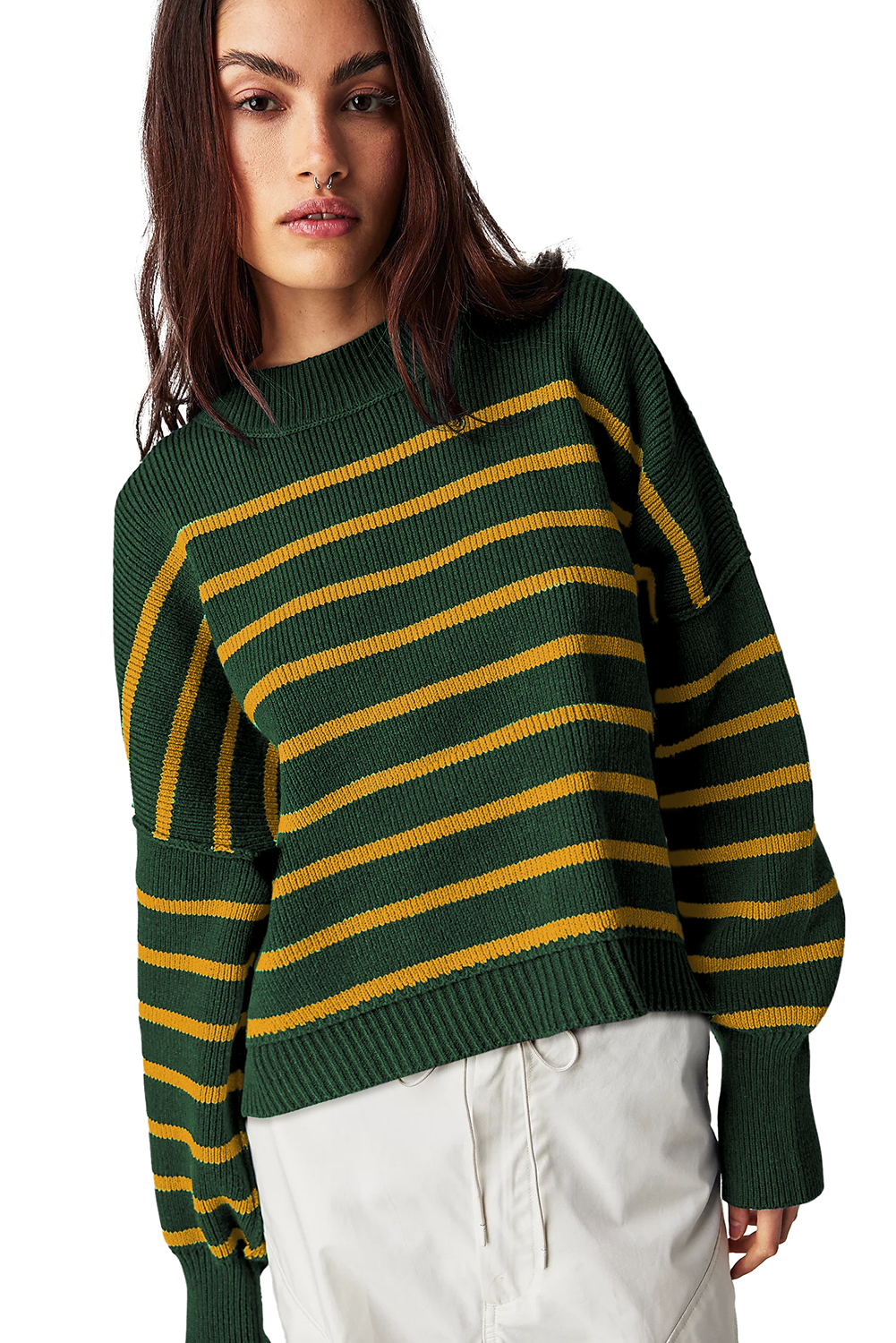 Green Stripe Ribbed Drop Shoulder Baggy Sweater - loveforevers