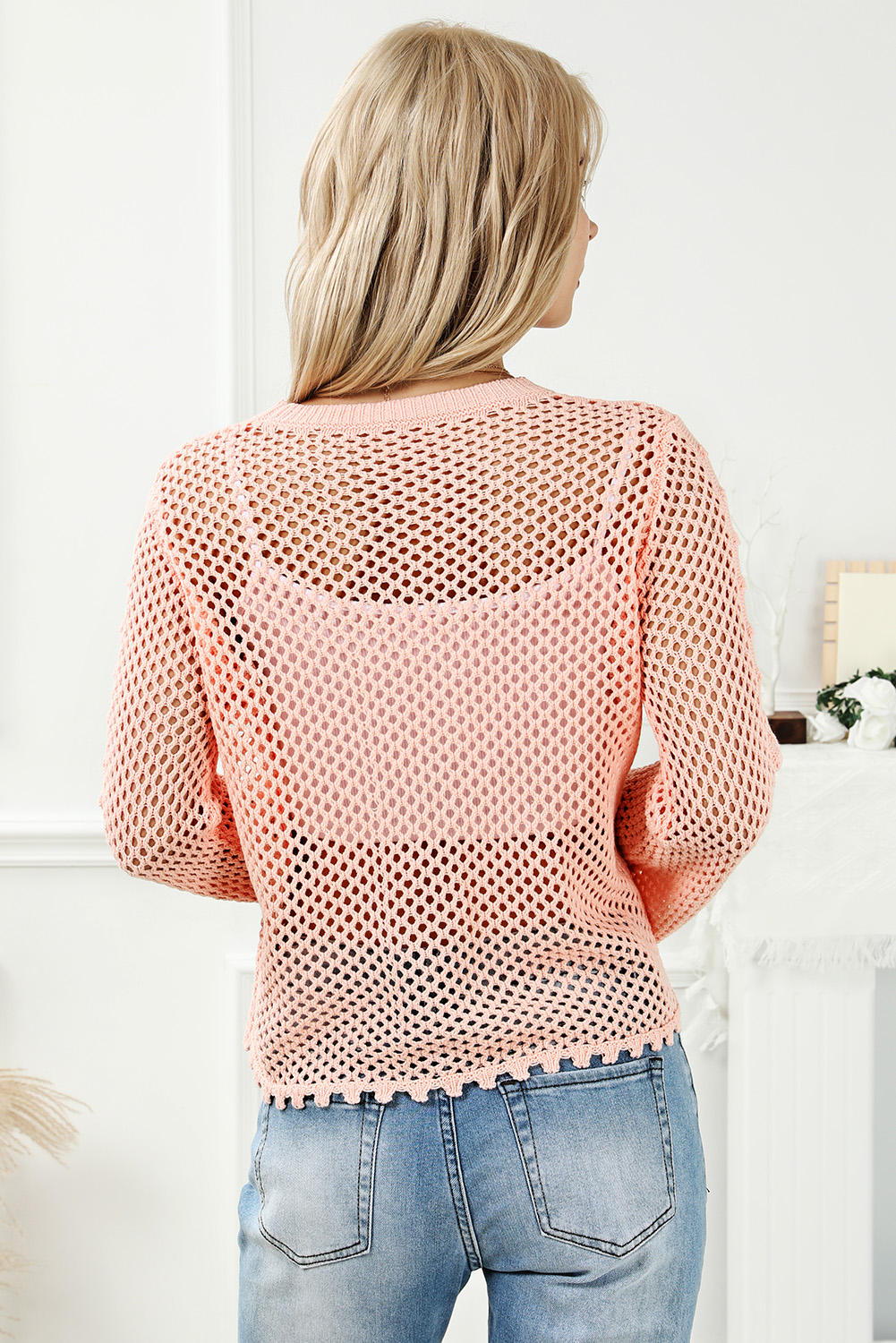 Pink Hollowed Eyelets Knit Bell Sleeve Sweater - loveforevers