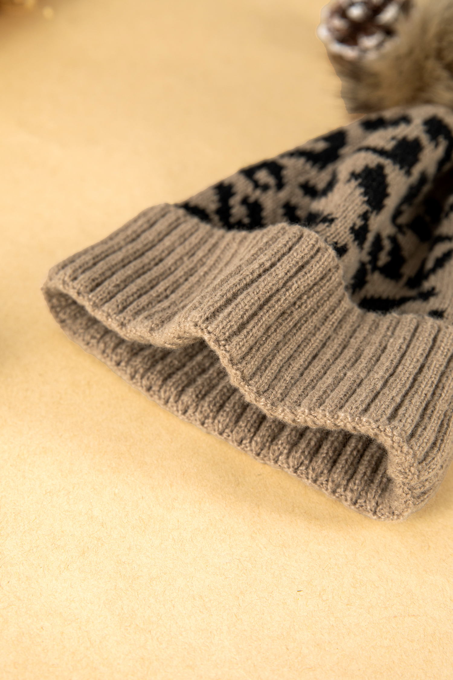 Light French Beige Faux Fur Pompom Leopard Knit Beanie - loveforevers