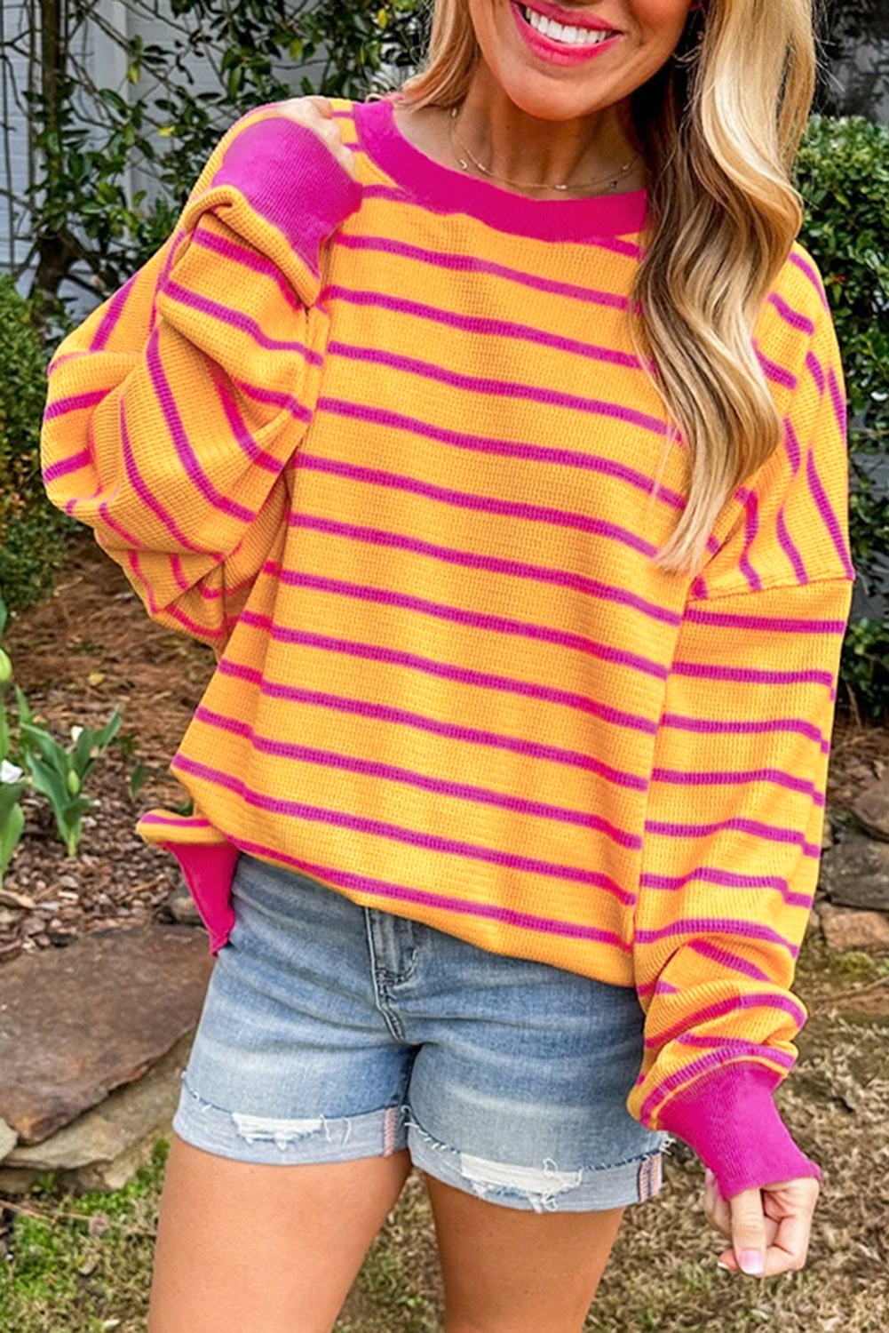 Orange Stripe Trimmed Round Neck Drop Shoulder Loose Sweater - loveforevers
