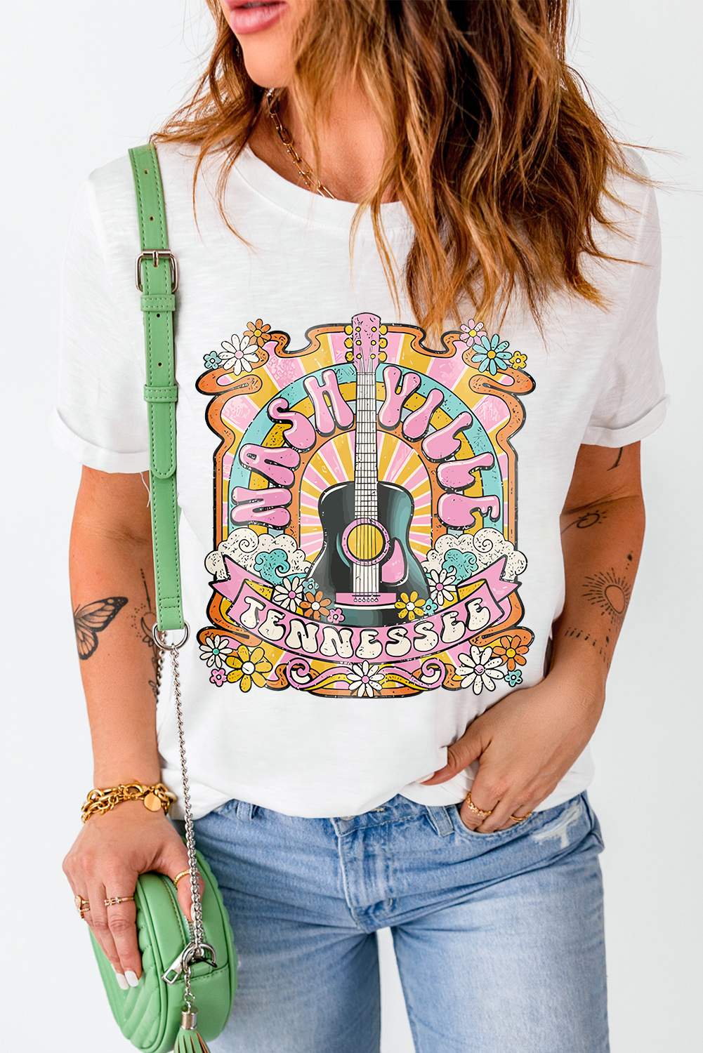 White NASHIVILLE Guitar Graphic Country Music T Shirt - loveforevers