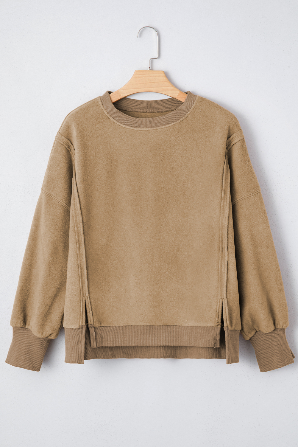 Dark Khaki Fuzzy Sherpa Splicing Pullover Sweatshirt with Side Slit - loveforevers