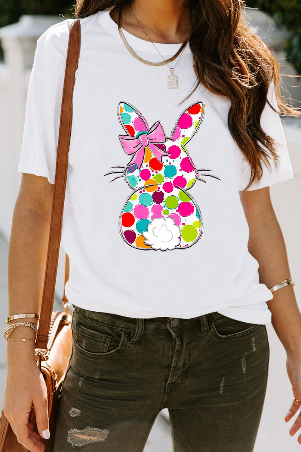 White Polka Dot Bow Rabbit Graphic Crewneck Easter Fashion Tee - loveforevers
