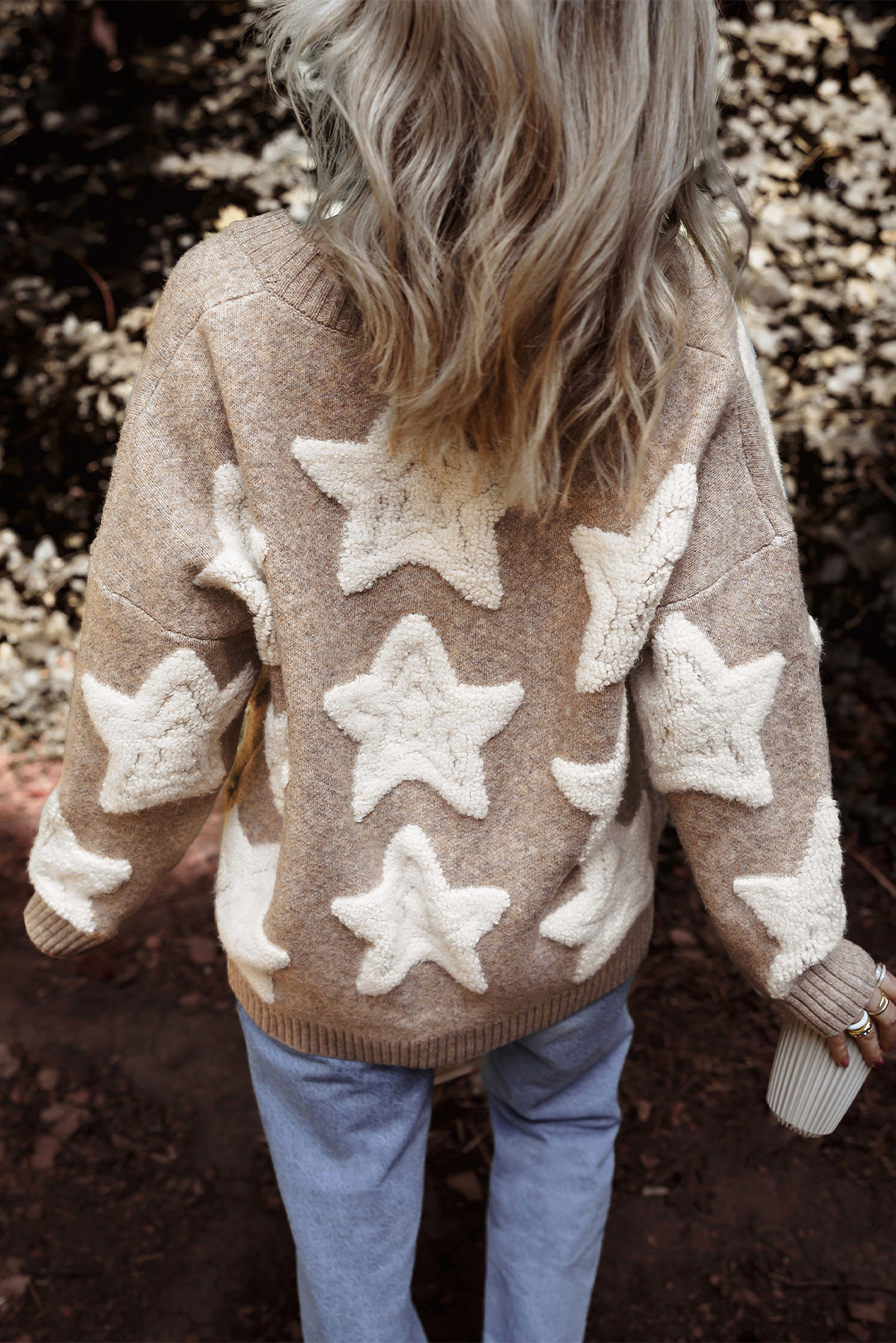 Khaki Sherpa Star Pattern Textured Sweater Cardigan with Pockets - loveforevers