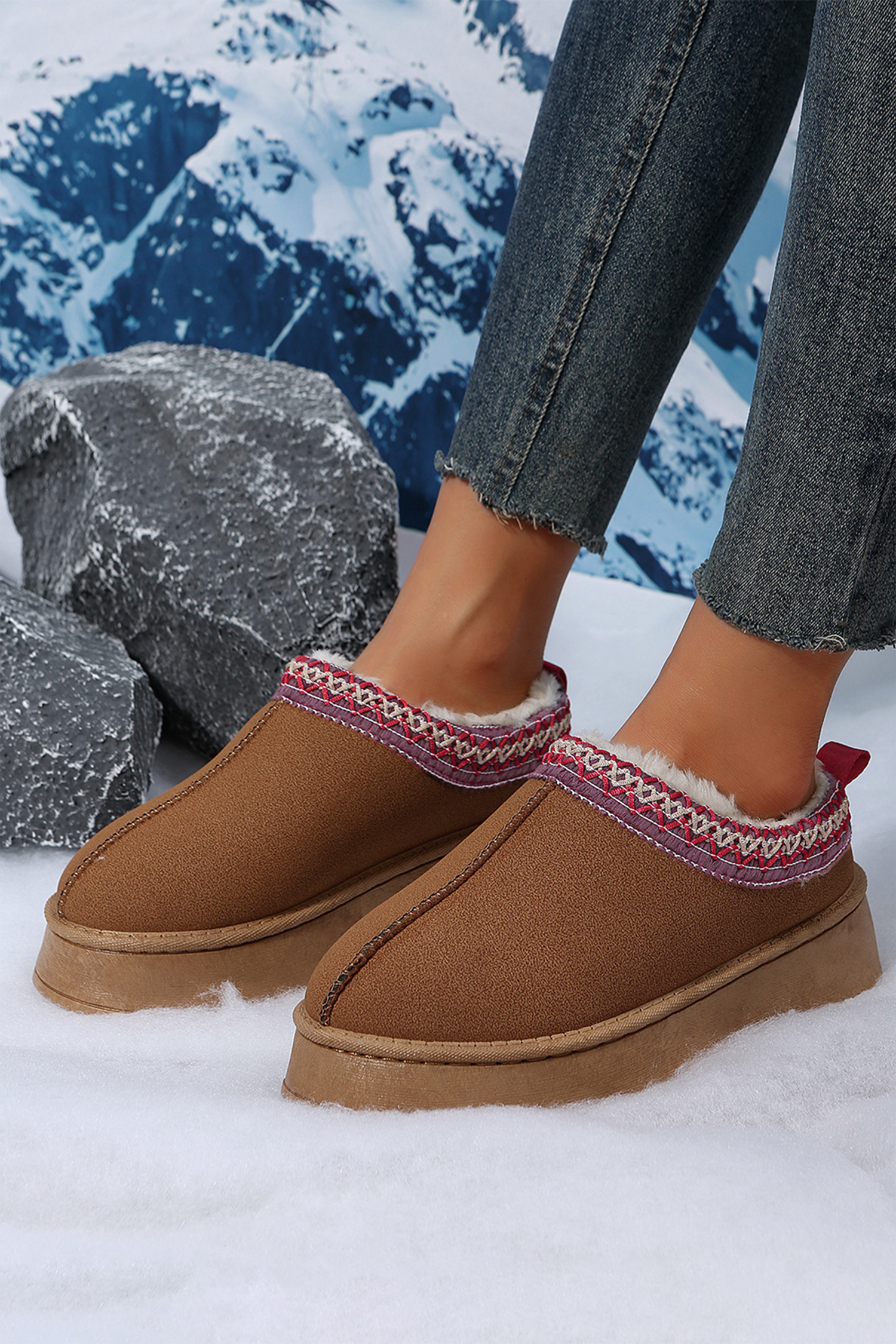 Chestnut Contrast Print Suede Plush Lined Snow Boots - loveforevers