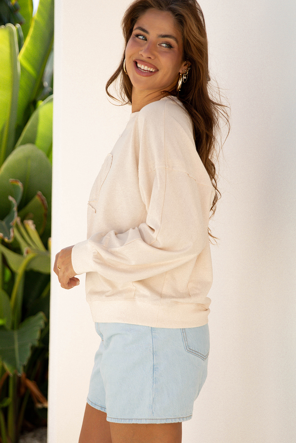 Beige Raw Edge Flower Patch Drop Shoulder Casual Top - loveforevers