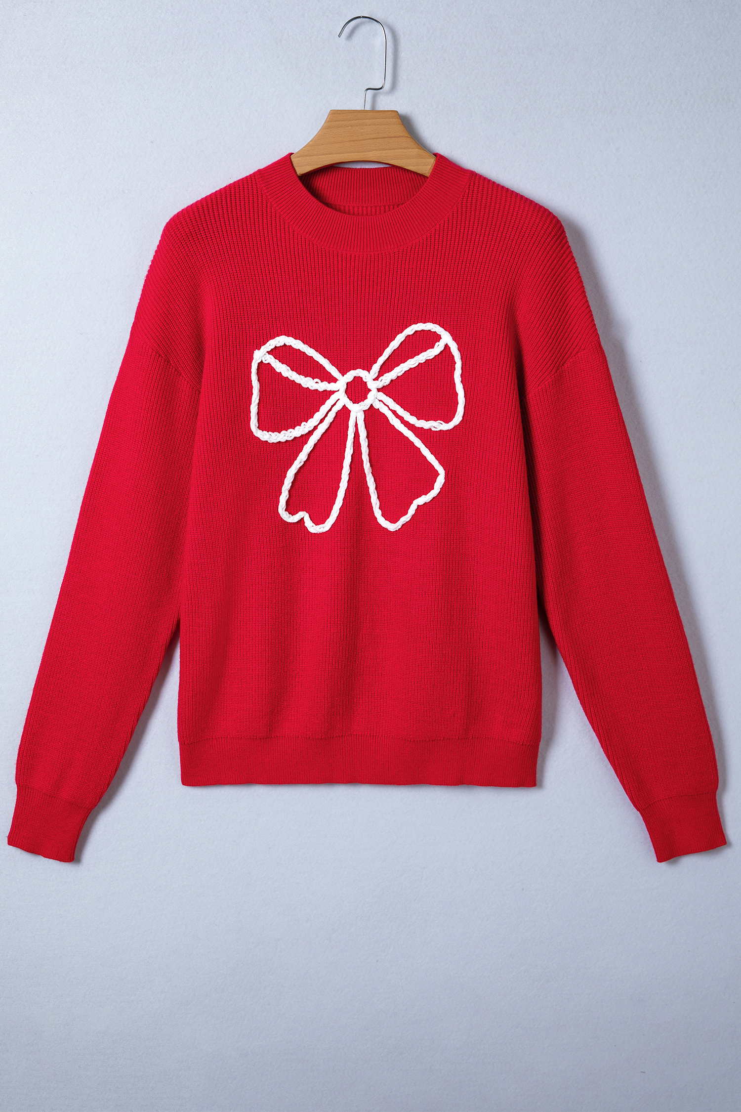 Fiery Red Bow Embroidered Graphic Ribbed Sweater Top - loveforevers