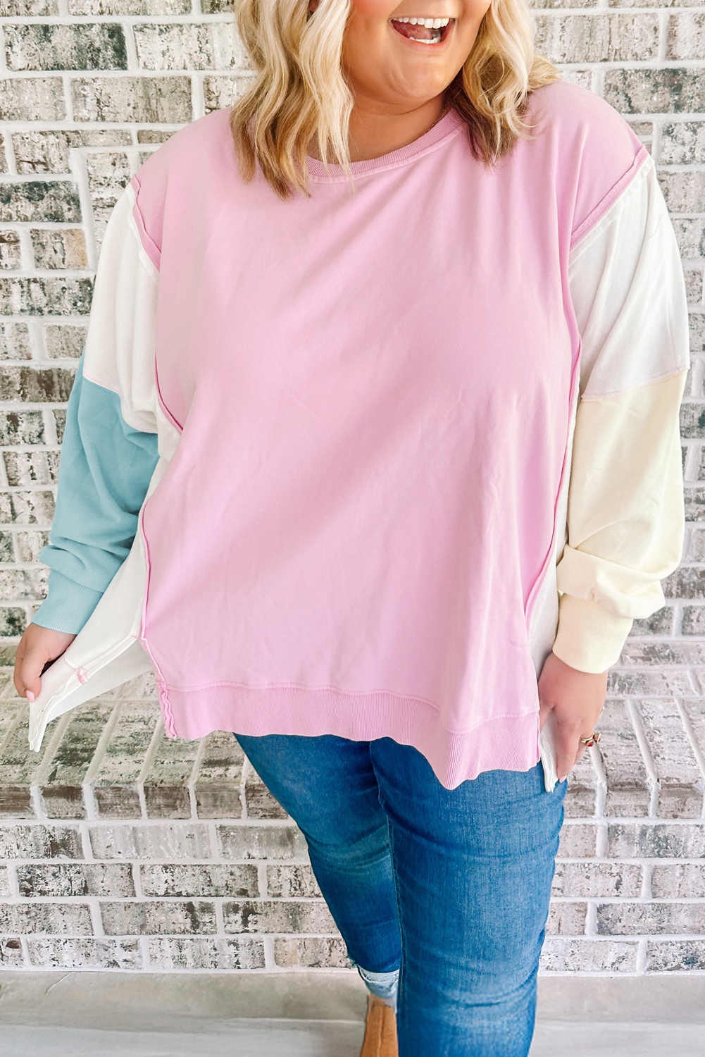 Pink Colorblock Patchwork Drop Shoulder Plus Size Sweatshirt - loveforevers
