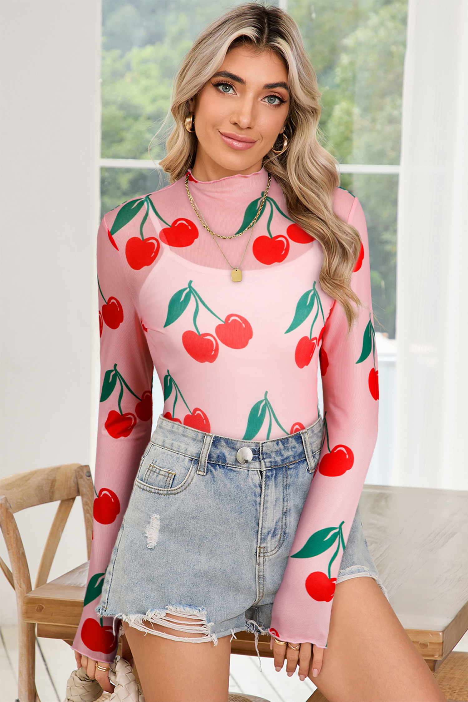 Pink Cherry Print Lettuce Trim Long Sleeve Mesh Top - loveforevers