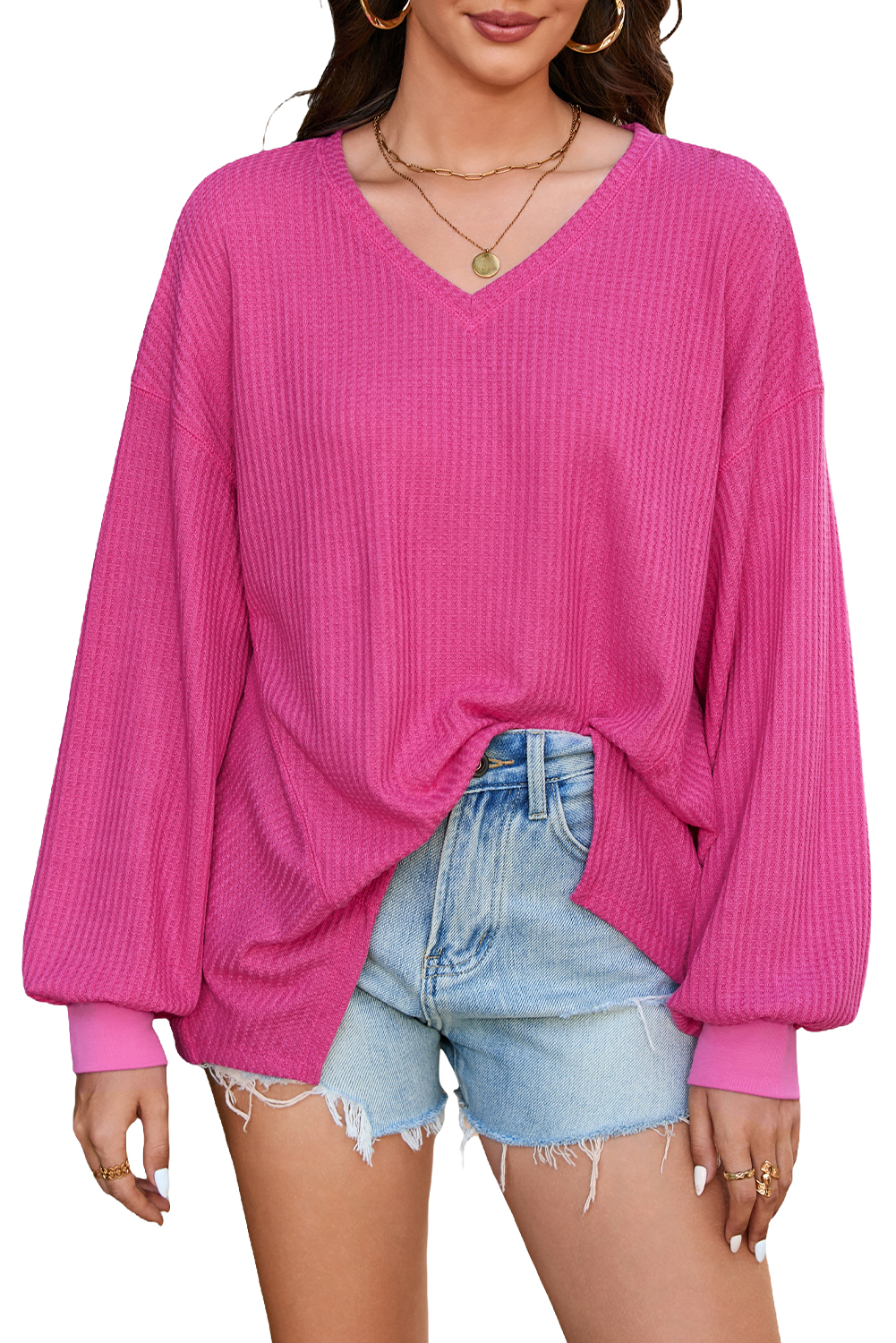 Light Pink Waffle V Neck Long Sleeve Drop Shoulder Loose Blouse - loveforevers
