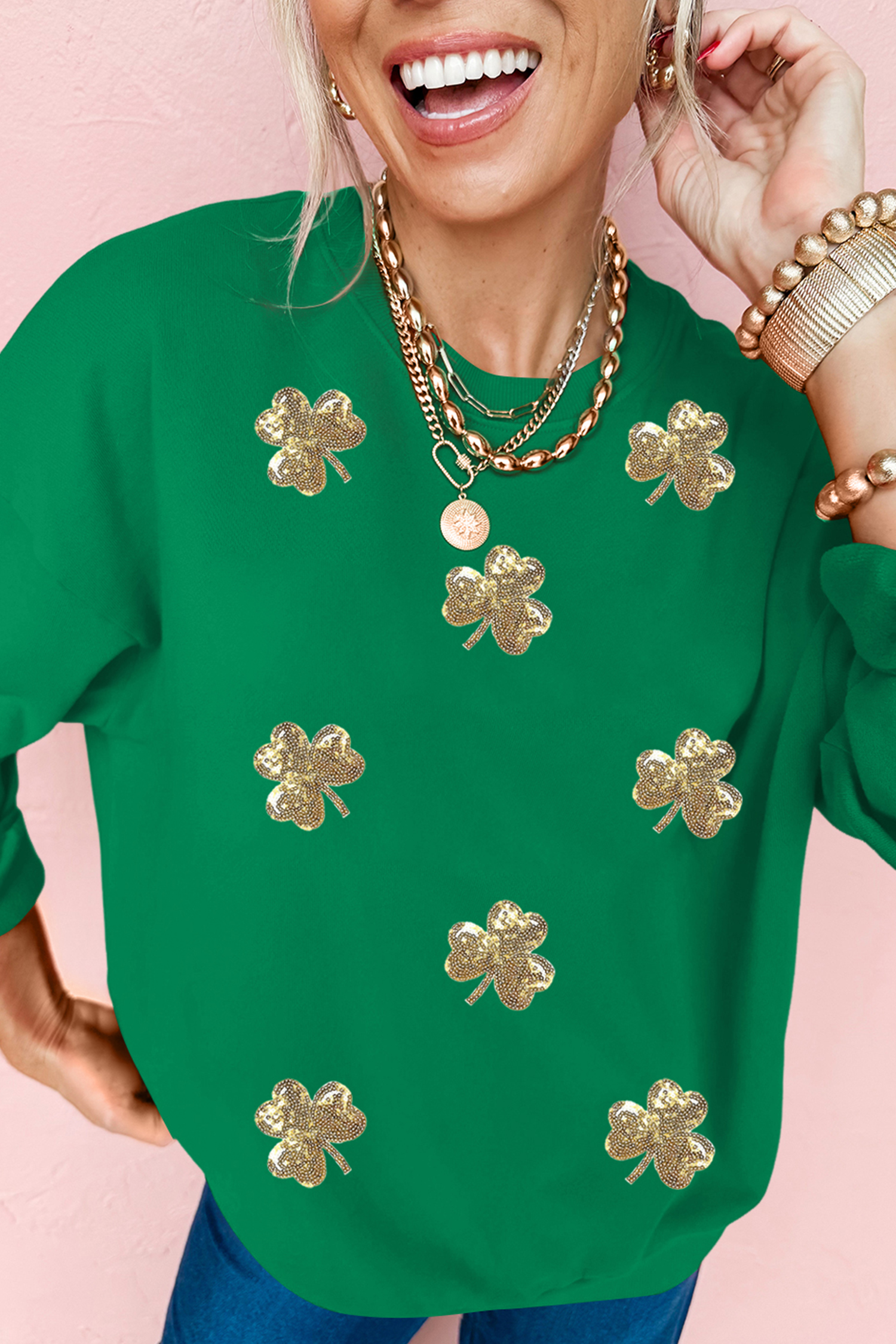 Dark Green Sequin Shamrock Irish Festive Graphic Sweatshirt - loveforevers