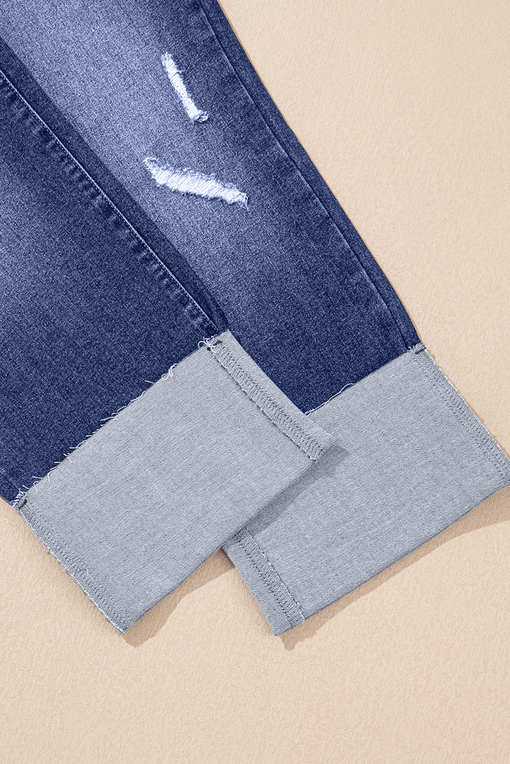 Real Teal Folded Cuffs Distressed Straight High Waist Jeans - loveforevers