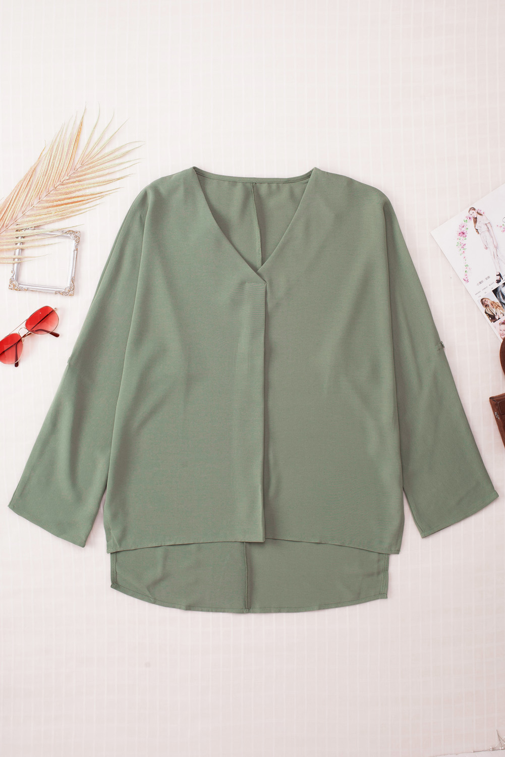 Green V Neck 3/4 Sleeve High Low Hem Shirt - loveforevers