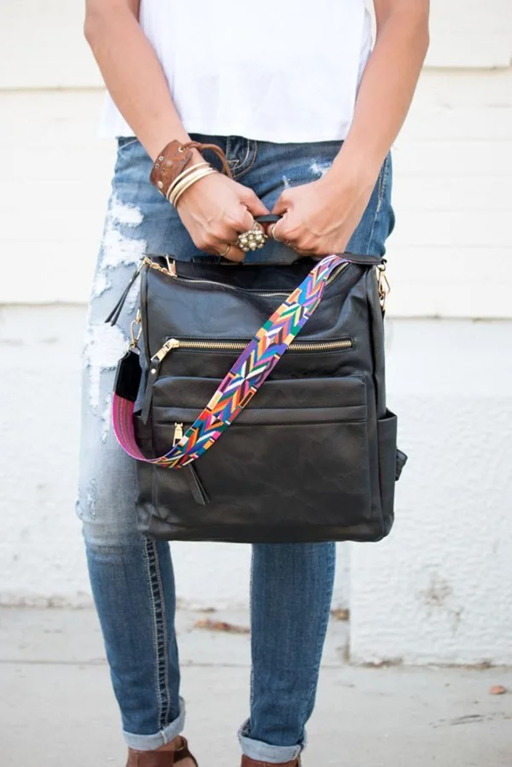 Color black Geometric Crochet Strap PU Leather Large Backpack - loveforevers
