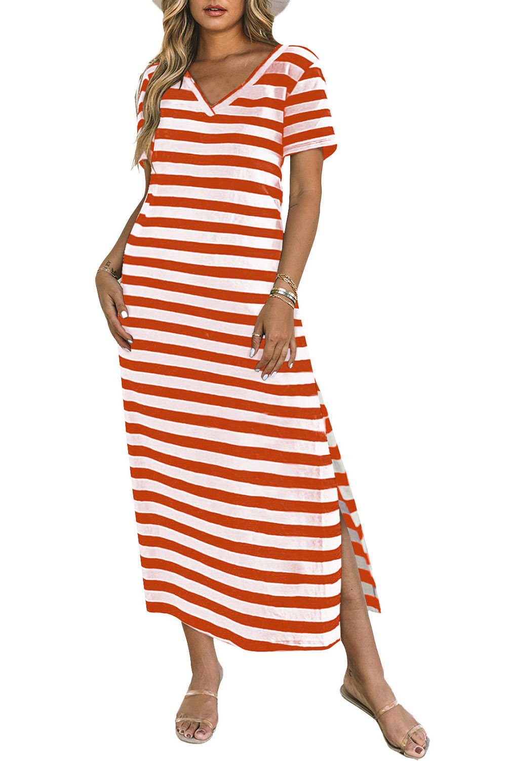 Fiery Red Black Stripe Print V Neck Maxi Dress with Side Splits - loveforevers