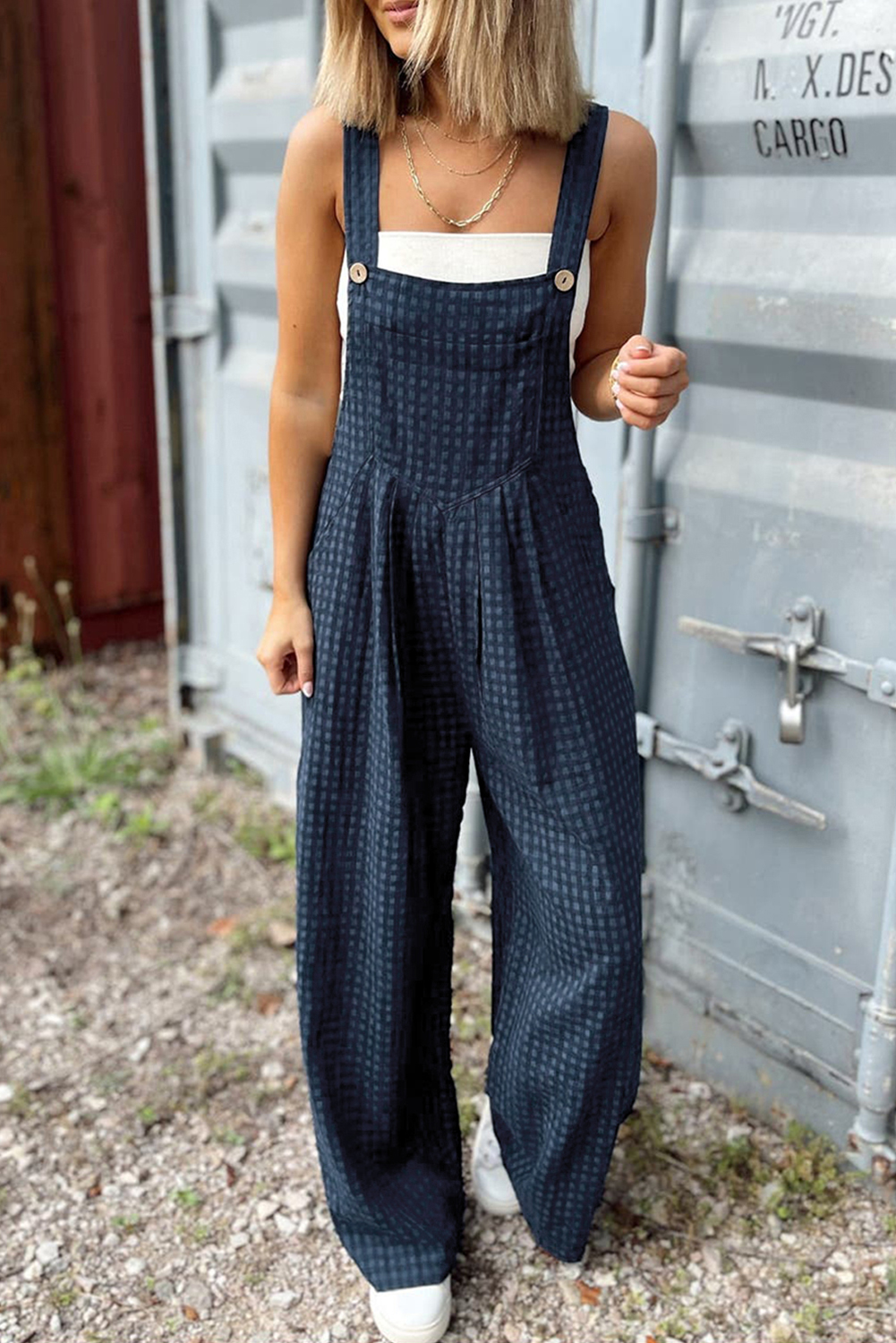Sail Blue Plaid Print Buttoned Pocketed High Waist Overall - loveforevers