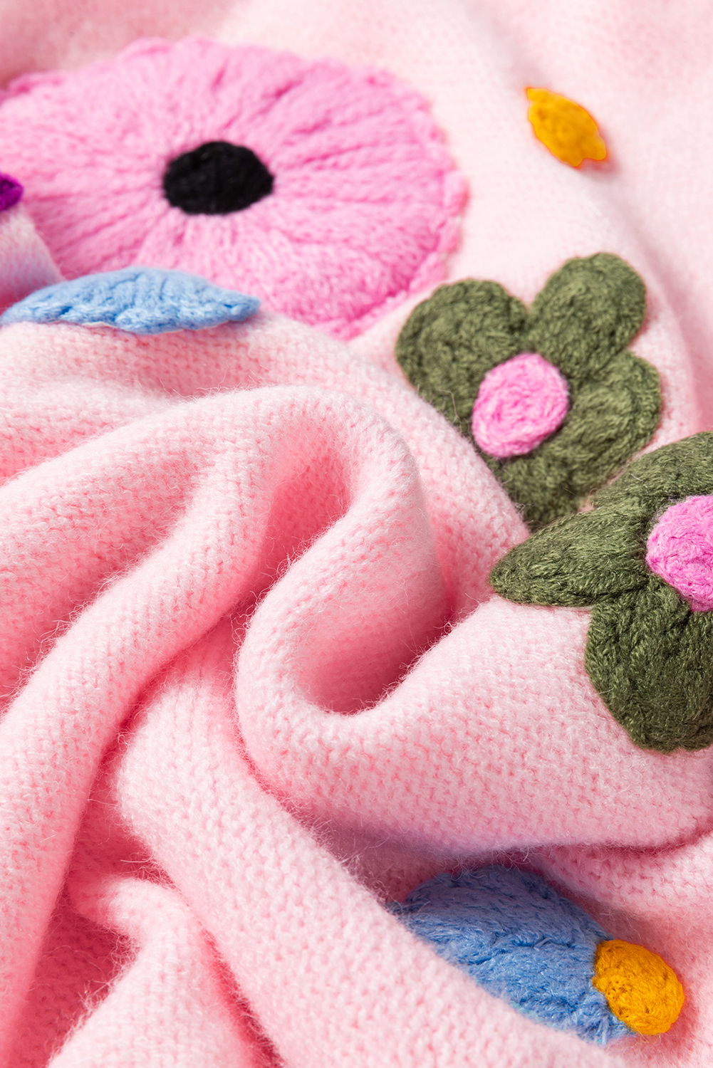 Pink Knitted Flower Pattern Ribbed Edge Sweater - loveforevers