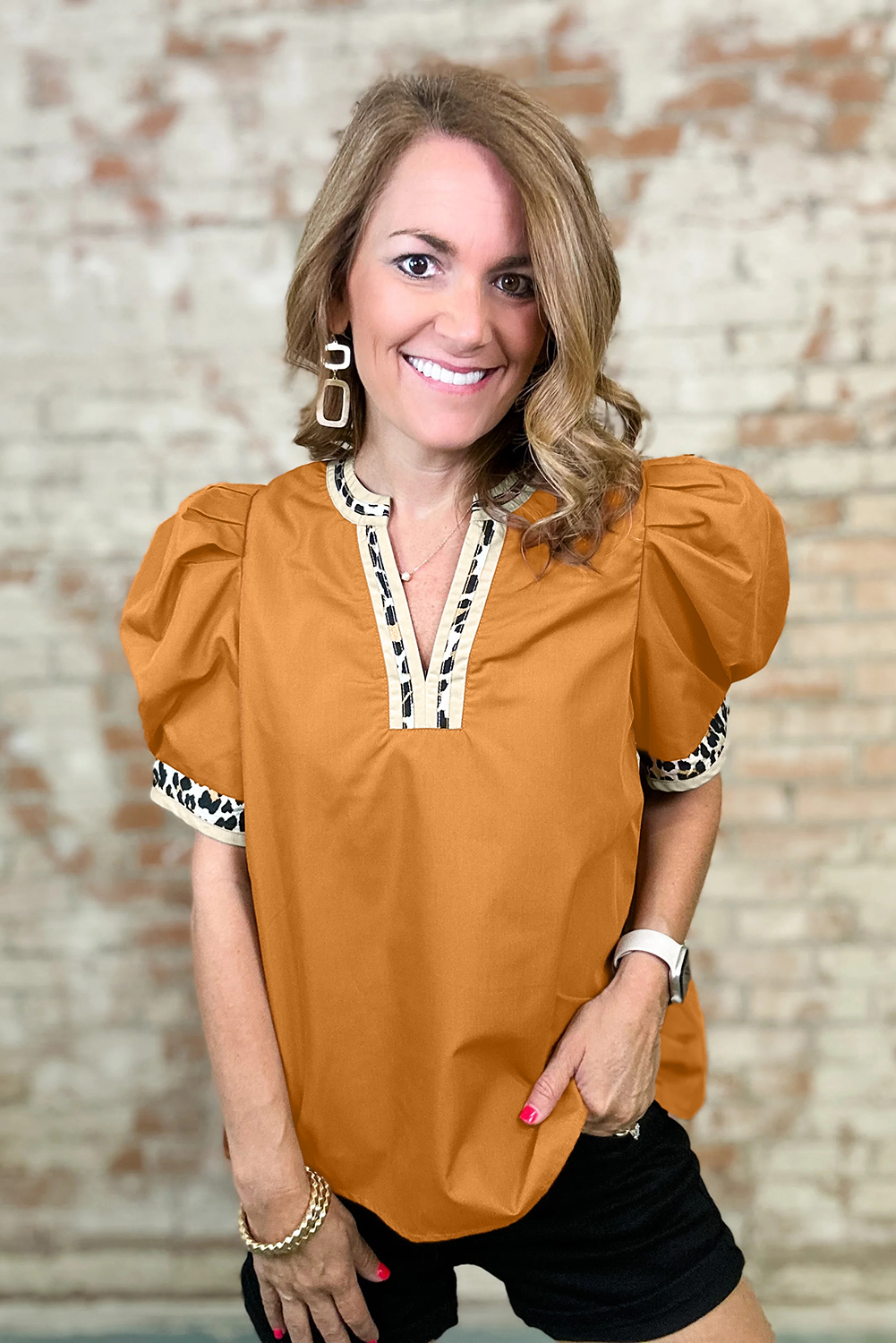 Buckskin Contrast Leopard Trim Split Neck Puff Sleeve Blouse - loveforevers