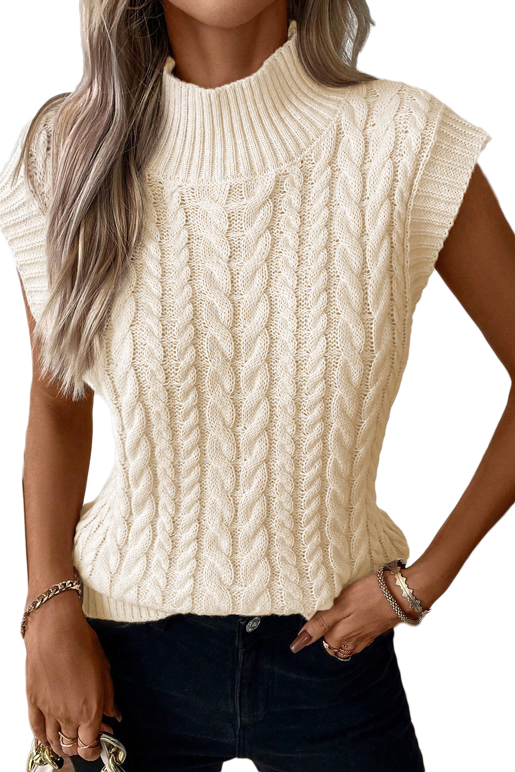 Oatmeal Cable Knit High Neck Sweater Vest - loveforevers
