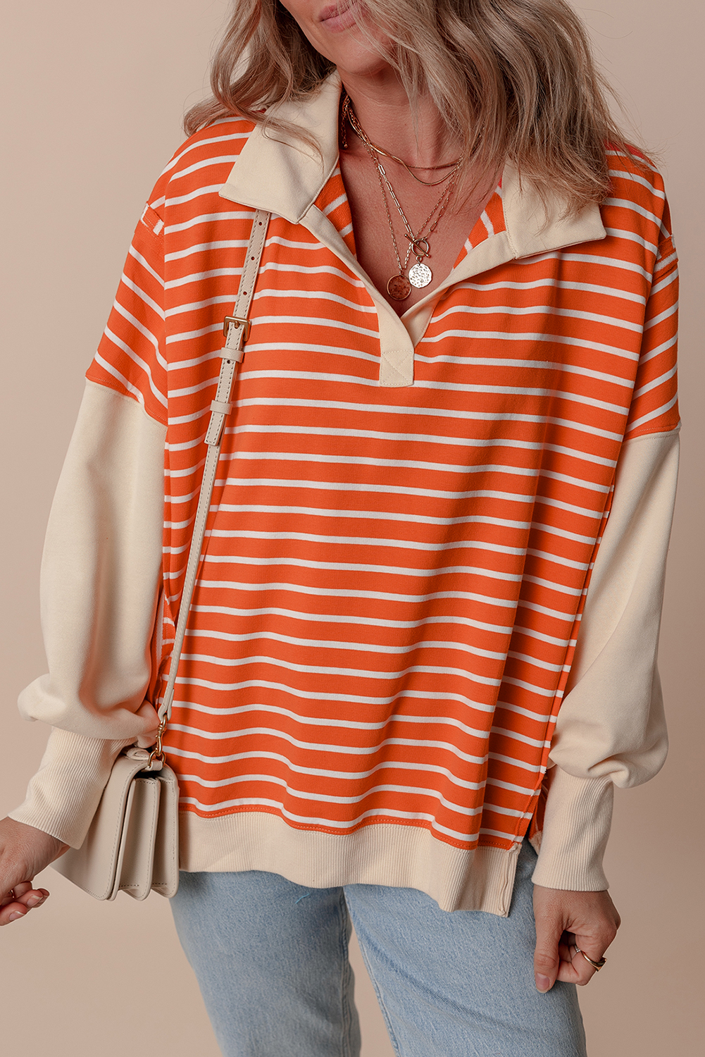 Orange Stripe Color Block Loose Fit Collared Drop Shoulder Sweatshirt - loveforevers