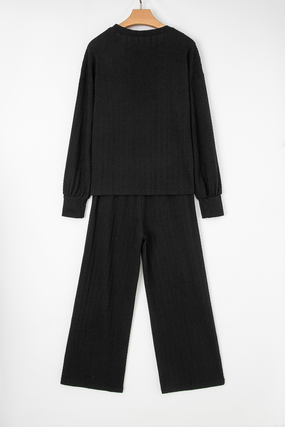 Black Textured Chest Pocket Long Sleeve Top 2Pcs Pants Set - loveforevers