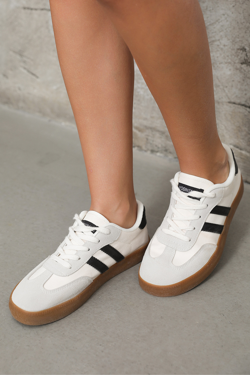 White Striped Lace-up Flat Sneakers - loveforevers