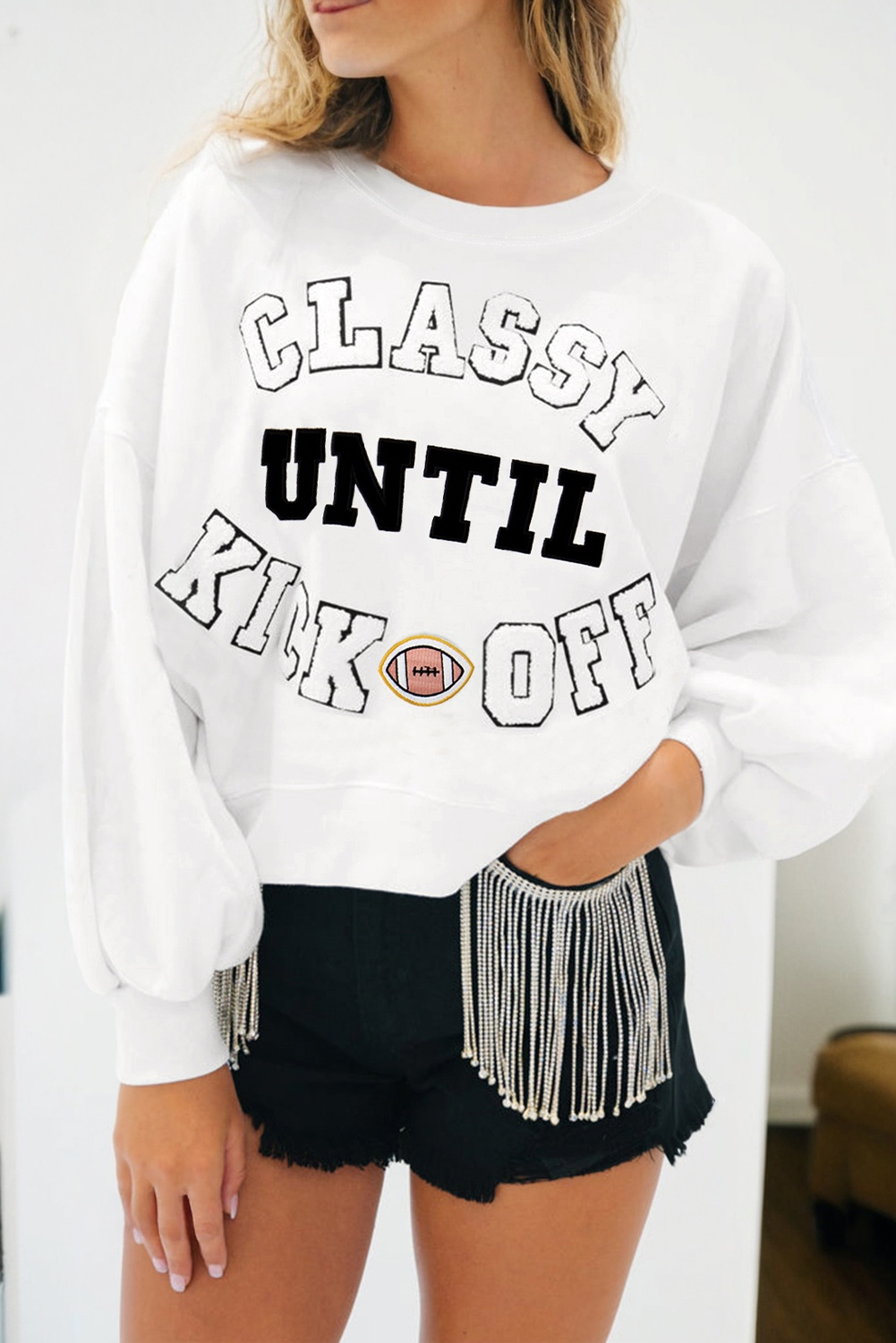 Black CLASSY UNTIL KICKOFF Plush Letter Patched Loose Sweatshirt - loveforevers