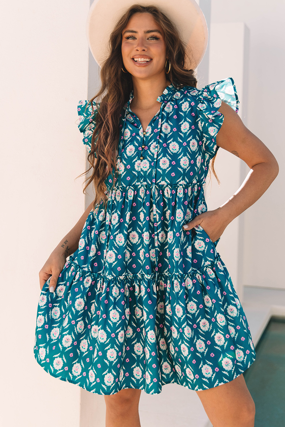 Blue Retro Floral Print Split Neck Ruffle Short Sleeve Dress - loveforevers