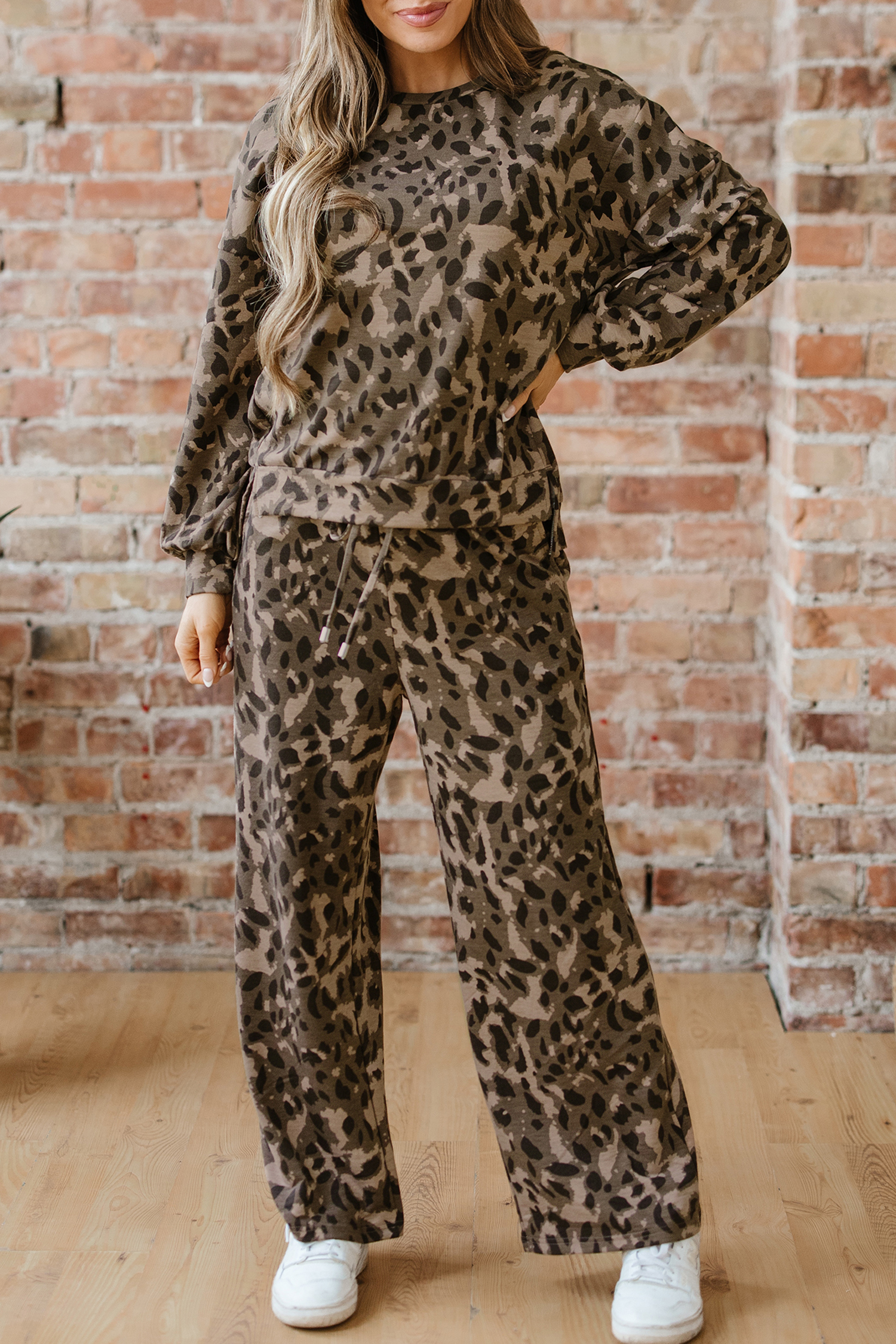 Brown Leopard Loose Tee Drawstring Waist Barrel Pants Set - loveforevers