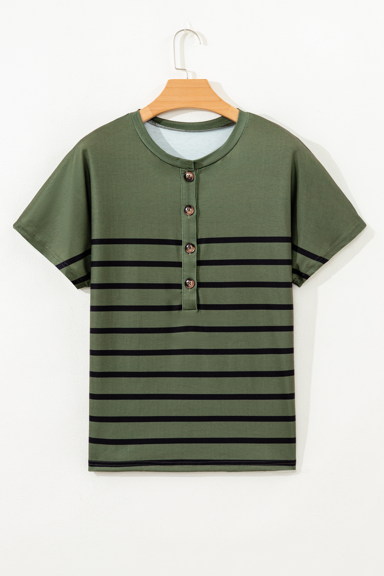 Four Leaf Clover Striped Half Buttons Crew Neck T-Shirt - loveforevers