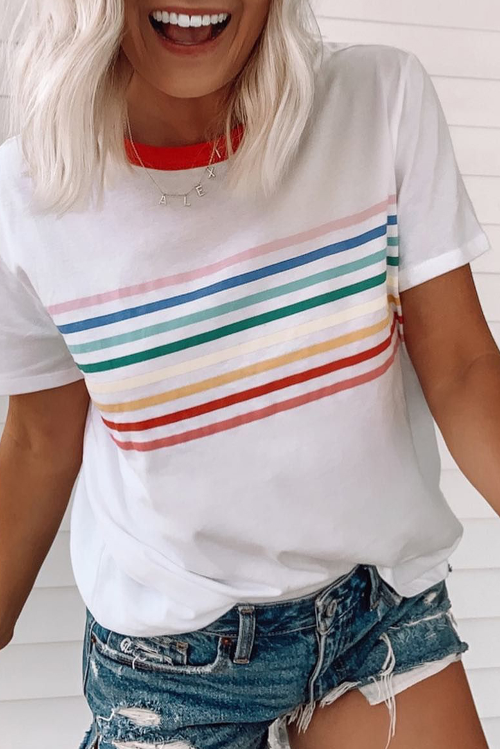 White Rainbow Stripe Print Contrast Crewneck T Shirt - loveforevers