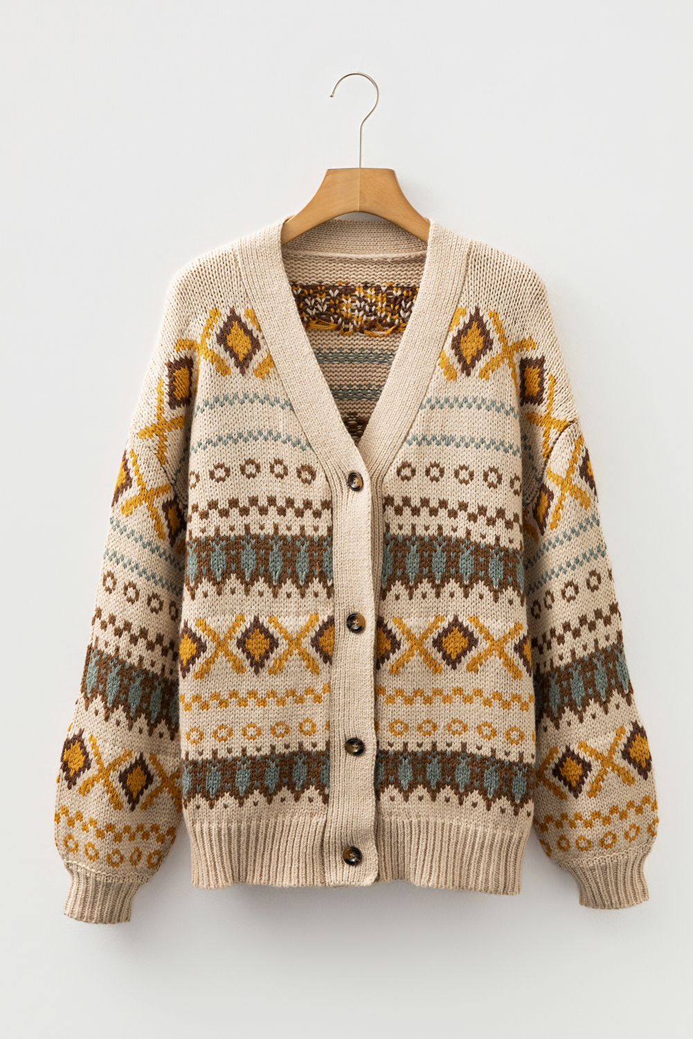 Khaki Western Pattern Knitted Button V Neck Cardigan Sweater - loveforevers