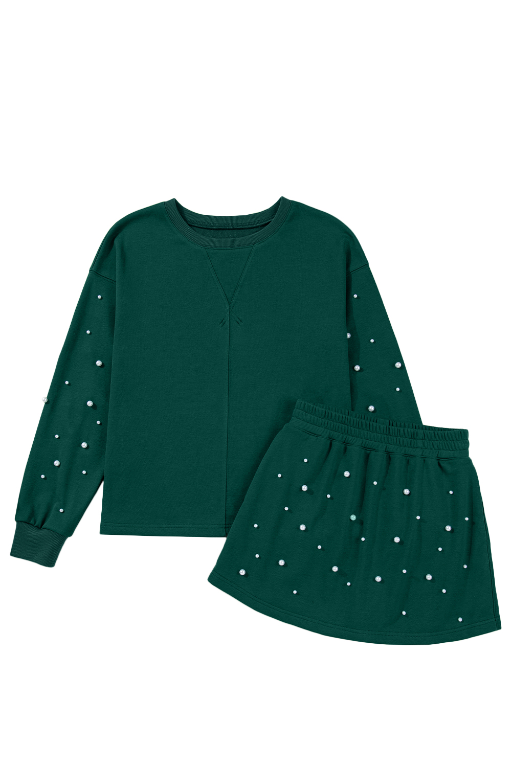 Dark Green Pearl Embellished Drop Shoulder Pullover Elastic Waist Mini Skirt Set - loveforevers